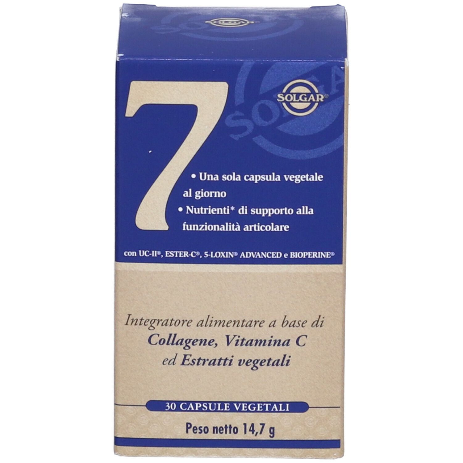 Scatola blu con testo bianco "7" e informazioni sul prodotto. Marchio SOLGAR.