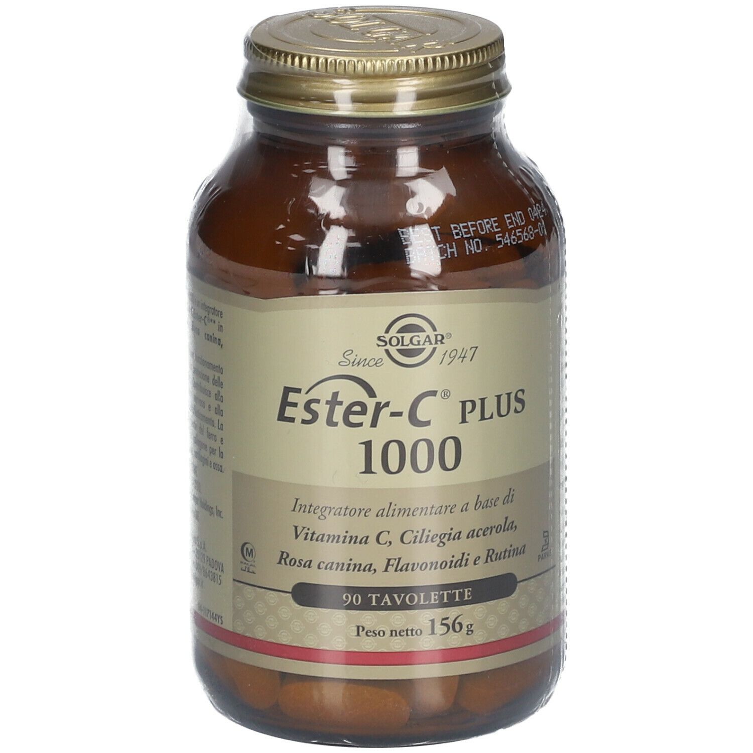 Flacone di vetro marrone con tappo dorato. L'etichetta riporta "Ester-C PLUS 1000".