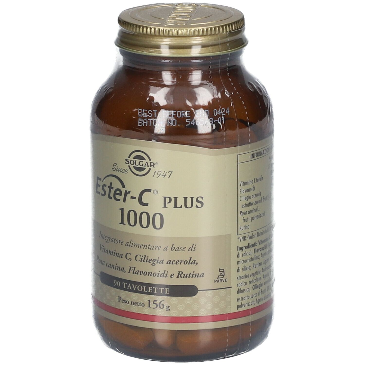 Flacone di vetro marrone con tappo dorato. L'etichetta riporta "Ester-C PLUS 1000".