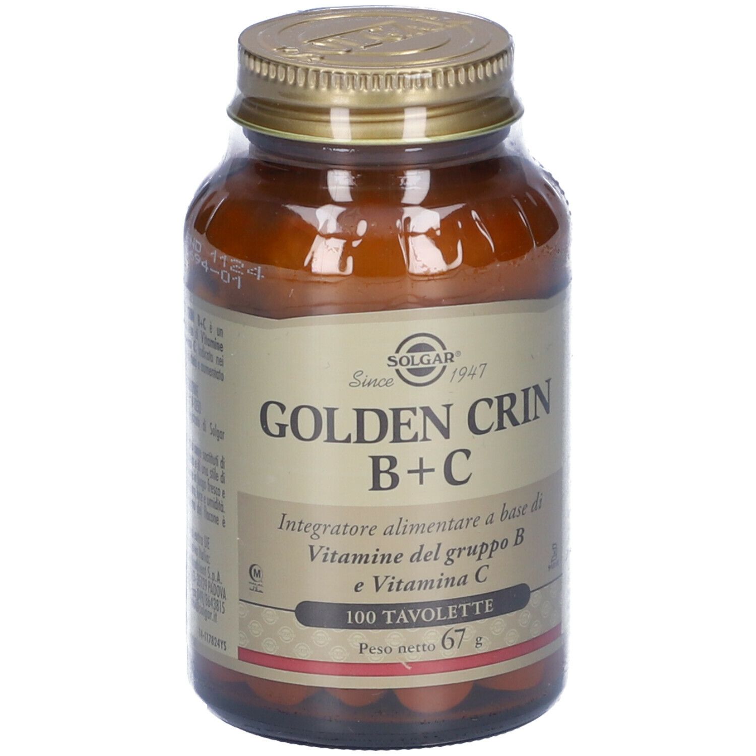 Flacone di vetro marrone con tappo dorato. Etichetta con SOLGAR, GOLDEN CRIN B+C e 100 compresse.