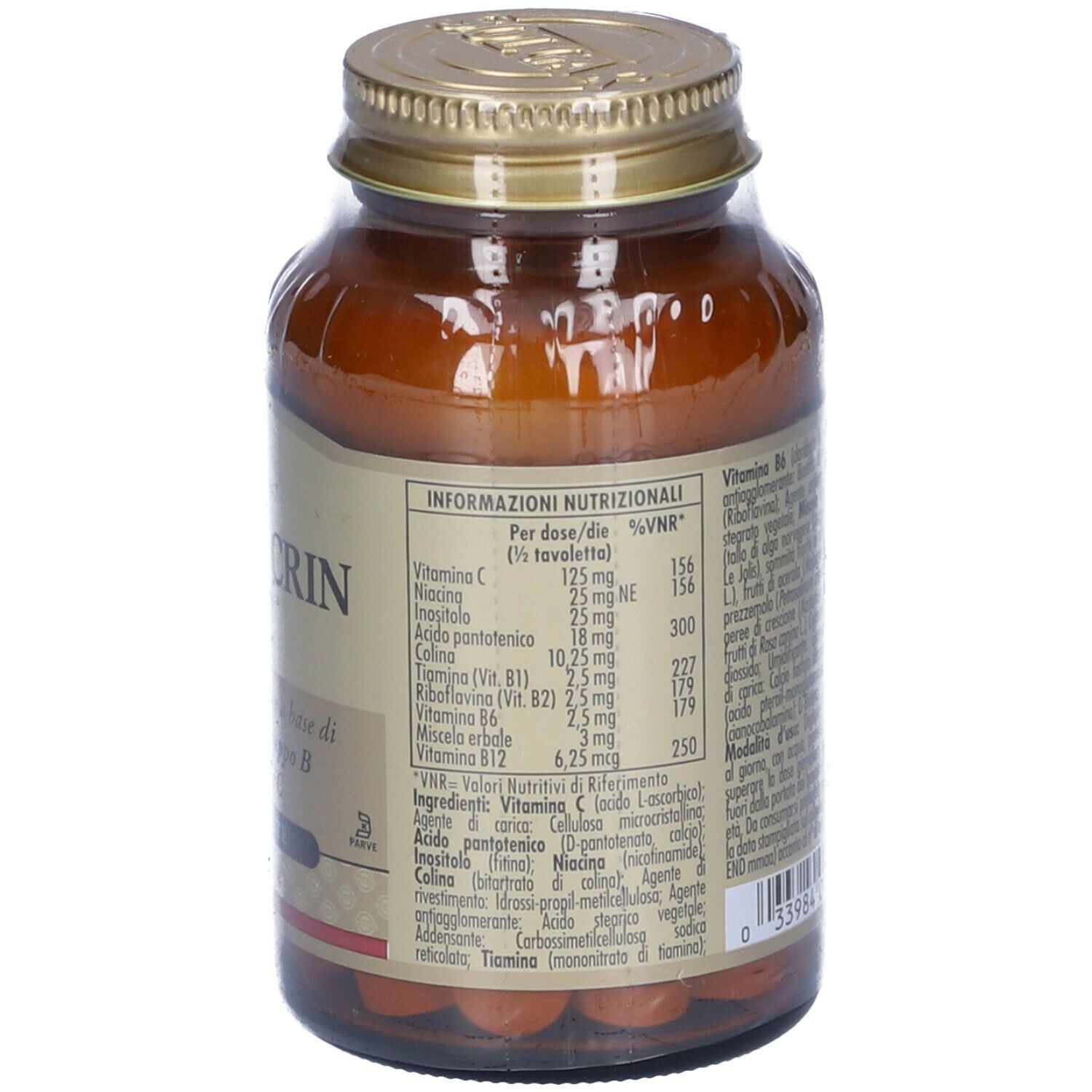 Flacone di vetro marrone con tappo dorato. Retro con informazioni nutrizionali e ingredienti.