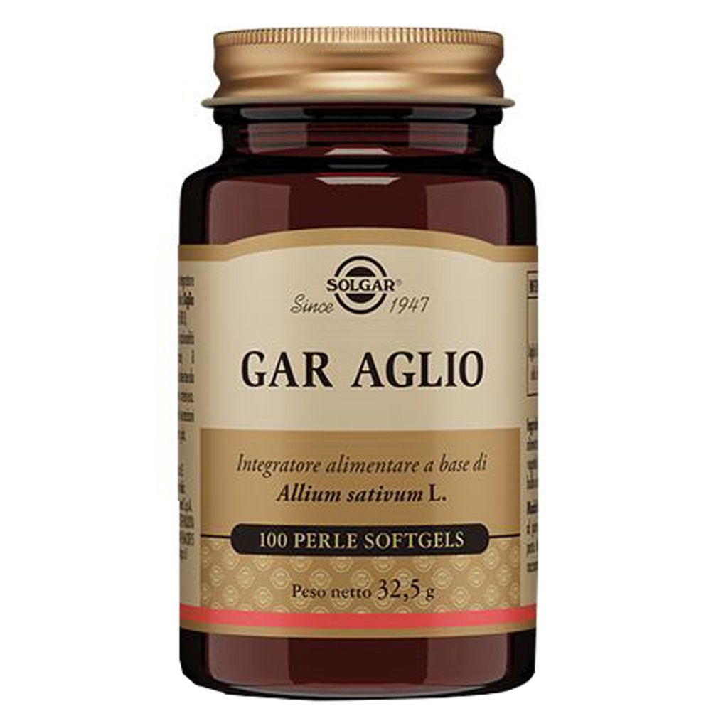 Flacone di vetro marrone con tappo dorato. Scritta: GAR AGLIO, 100 Perle Softgels, SOLGAR.