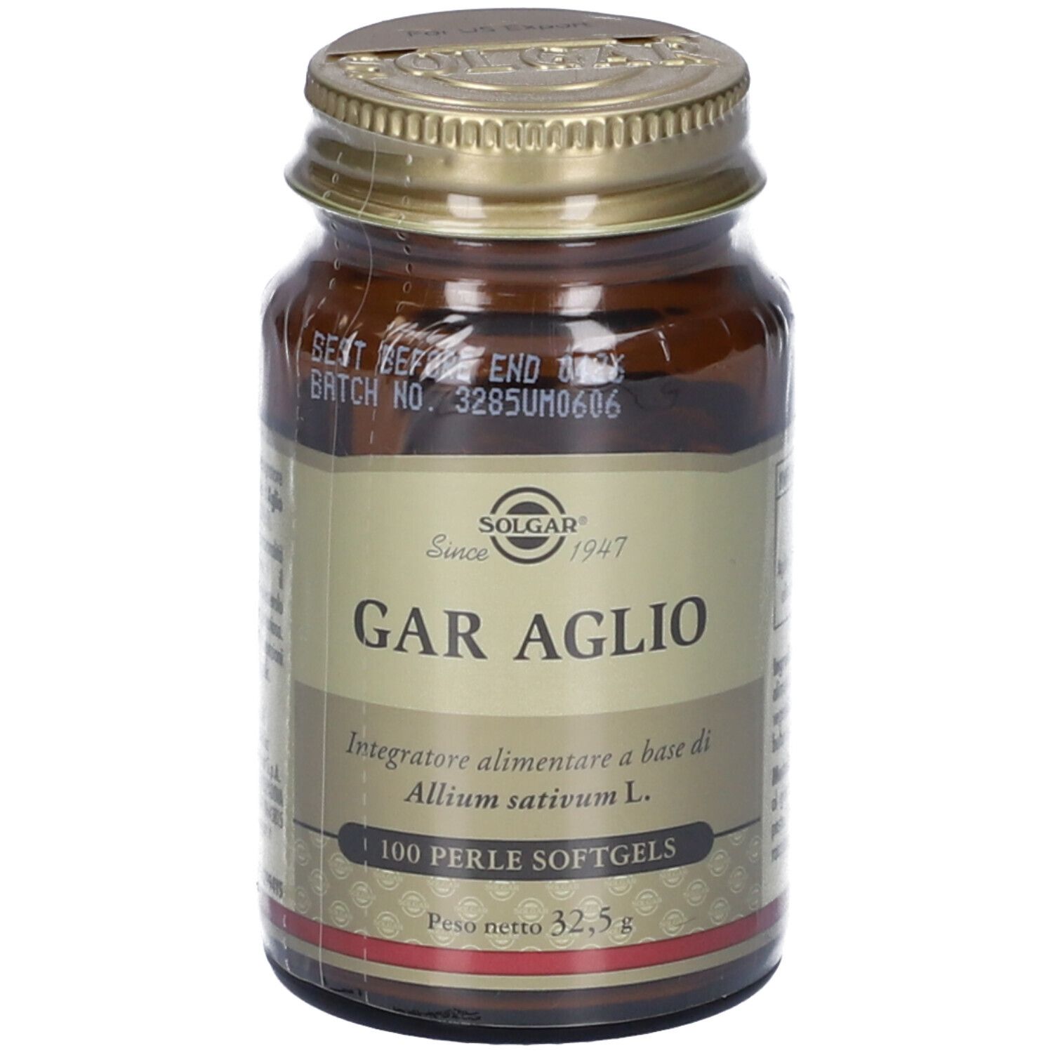 Flacone di vetro marrone con tappo dorato. Scritta: GAR AGLIO, 100 Perle Softgels, SOLGAR.