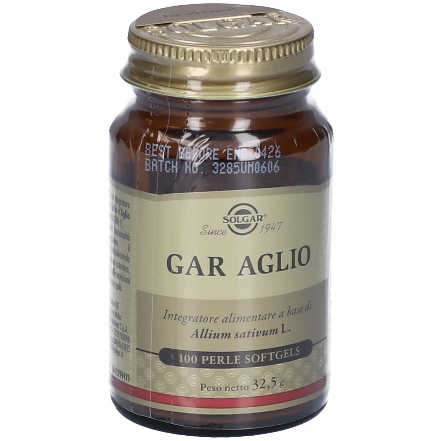 Flacone di vetro marrone con tappo dorato. Scritta: GAR AGLIO, 100 Perle Softgels, SOLGAR.