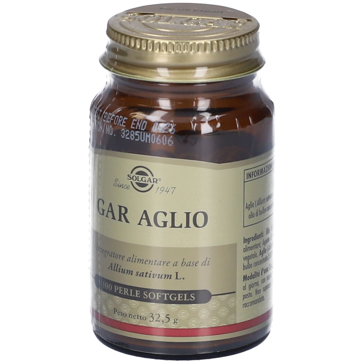 Flacone di vetro marrone con tappo dorato. Scritta: GAR AGLIO, 100 Perle Softgels, SOLGAR.