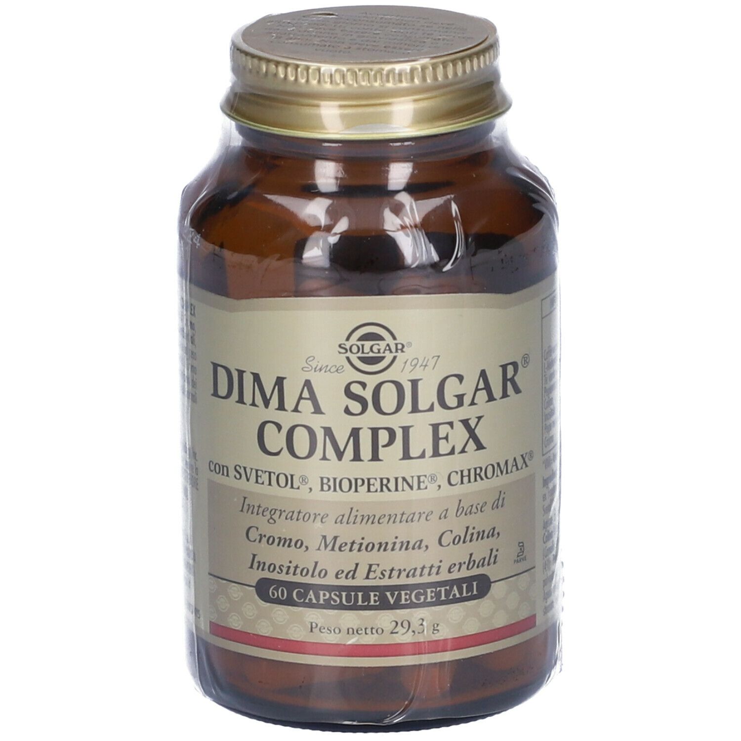 Flacone di vetro marrone con tappo dorato. Scritta: Dima Solgar Complex. 60 capsule vegetali.