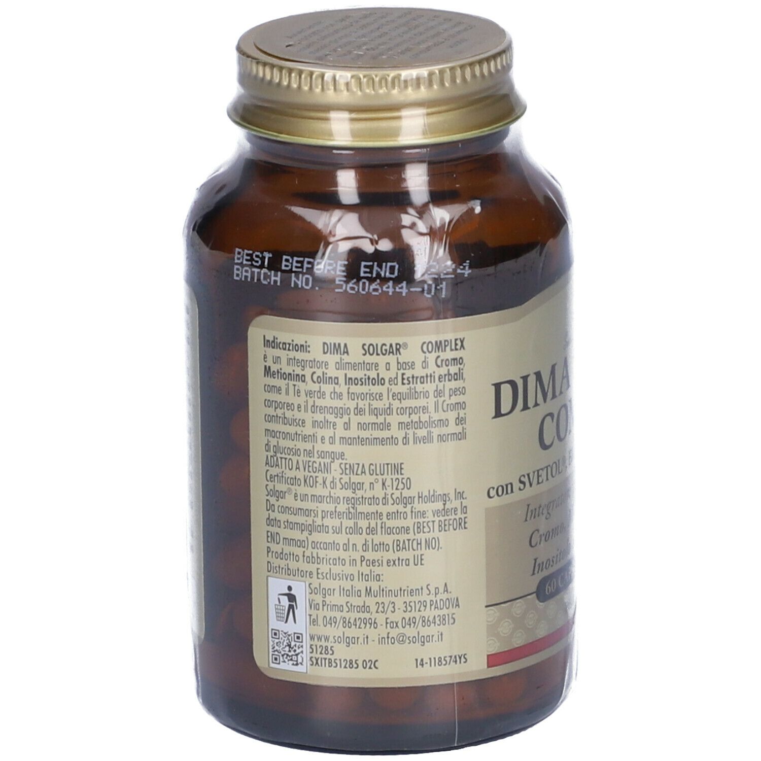 Retro del flacone di vetro marrone. Testo con ingredienti e informazioni del produttore. Scadenza.