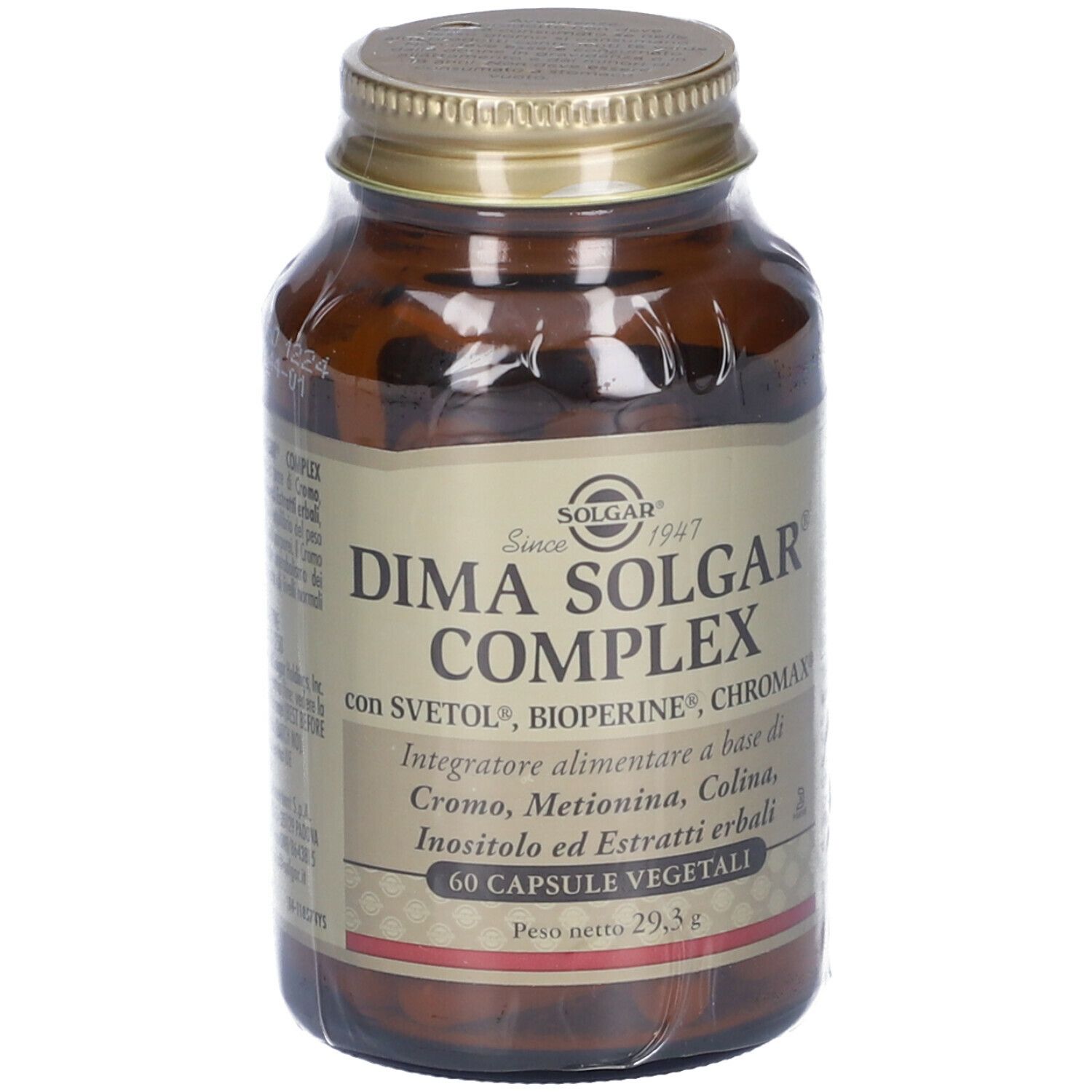 Flacone di vetro marrone con tappo dorato. Scritta: Dima Solgar Complex. 60 capsule vegetali.