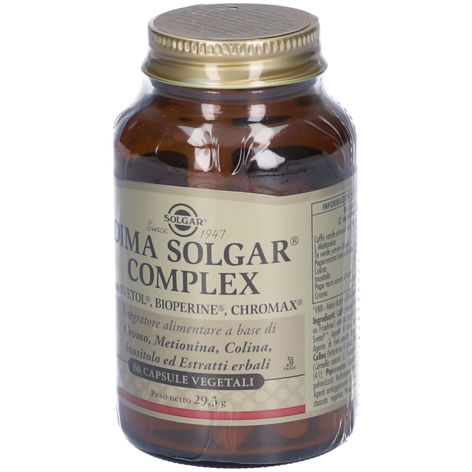 Flacone di vetro marrone con tappo dorato. Scritta: Dima Solgar Complex. 60 capsule vegetali.