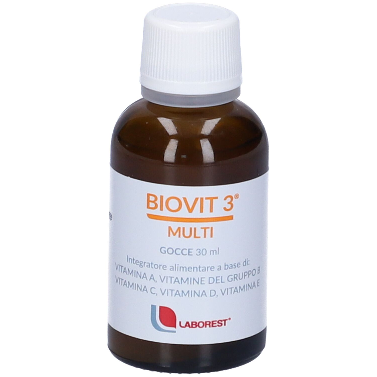 Flacon en verre brun avec bouchon blanc. Inscription : BIOVIT 3 MULTI, Gocce 30 ml. Contient vitamines A, B, C, D, E. Marque : Laborest.