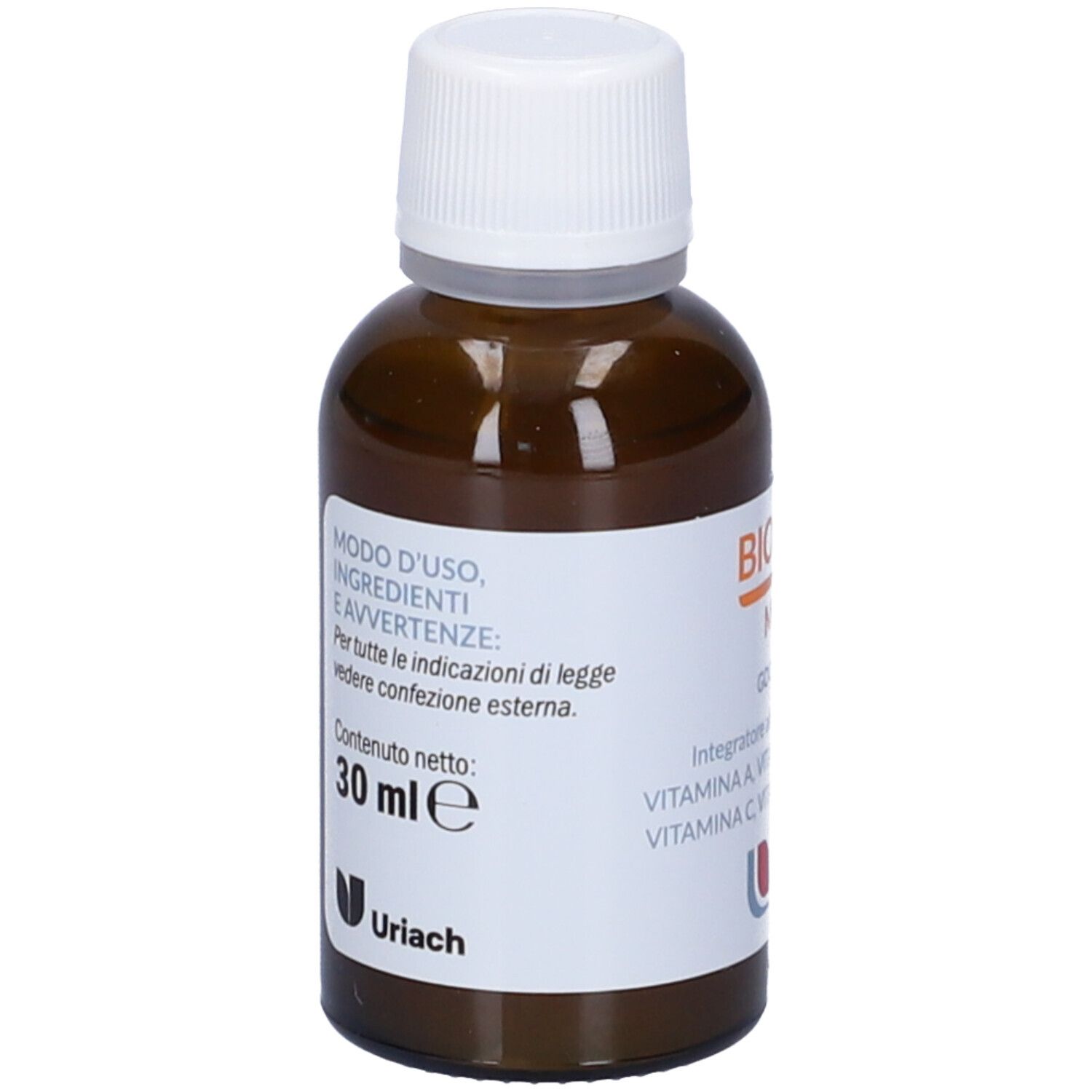 Flacon en verre brun avec bouchon blanc. Inscription : 30 ml. Contient des informations. Marque : Uriach.