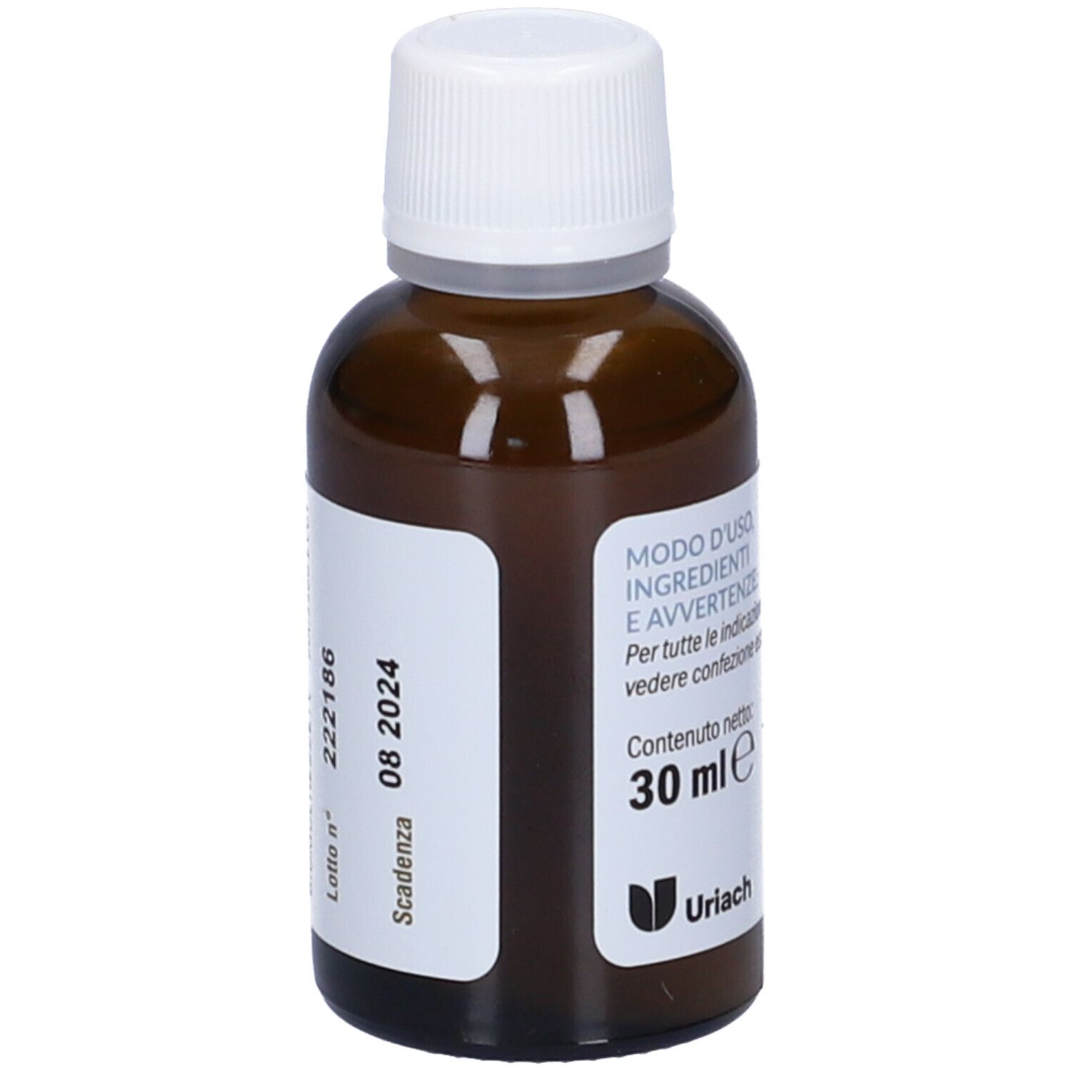 Flacon en verre brun avec bouchon blanc. Inscription : 30 ml, Scadenza 08 2024. Marque : Uriach.