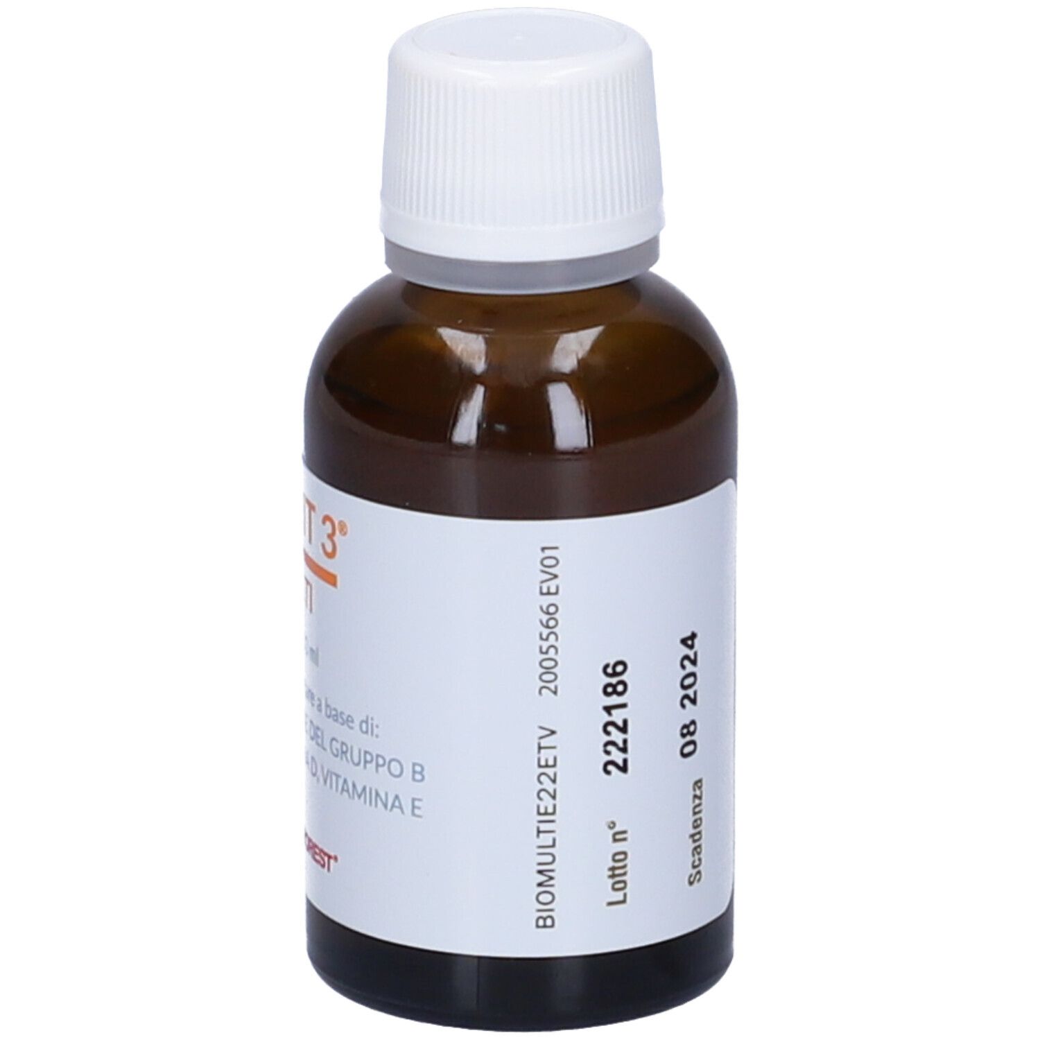 Flacon en verre brun avec bouchon blanc. Inscription : 30 ml, Scadenza 08 2024. Marque : Uriach.