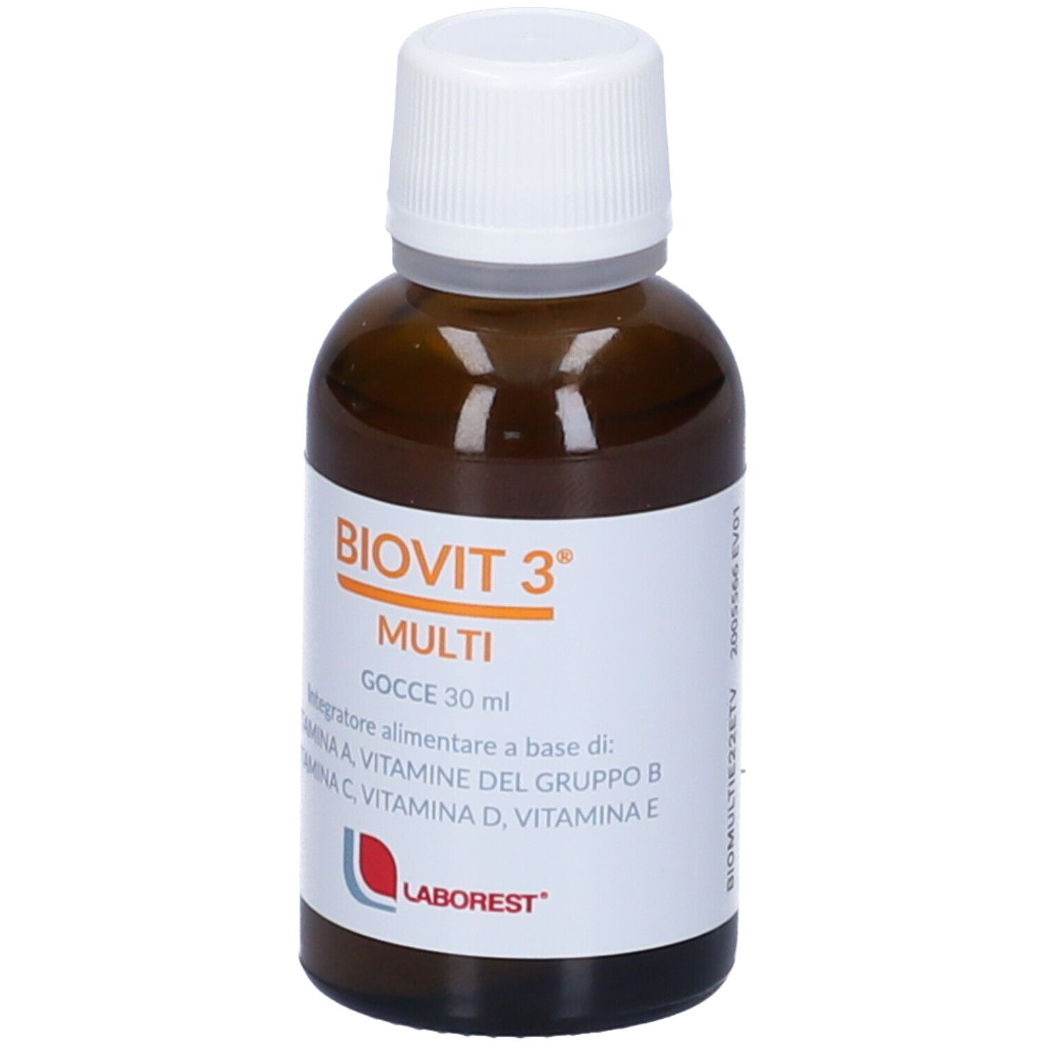 Flacon en verre brun avec bouchon blanc. Inscription : BIOVIT 3 MULTI, Gocce 30 ml. Contient vitamines A, B, C, D, E. Marque : Laborest.
