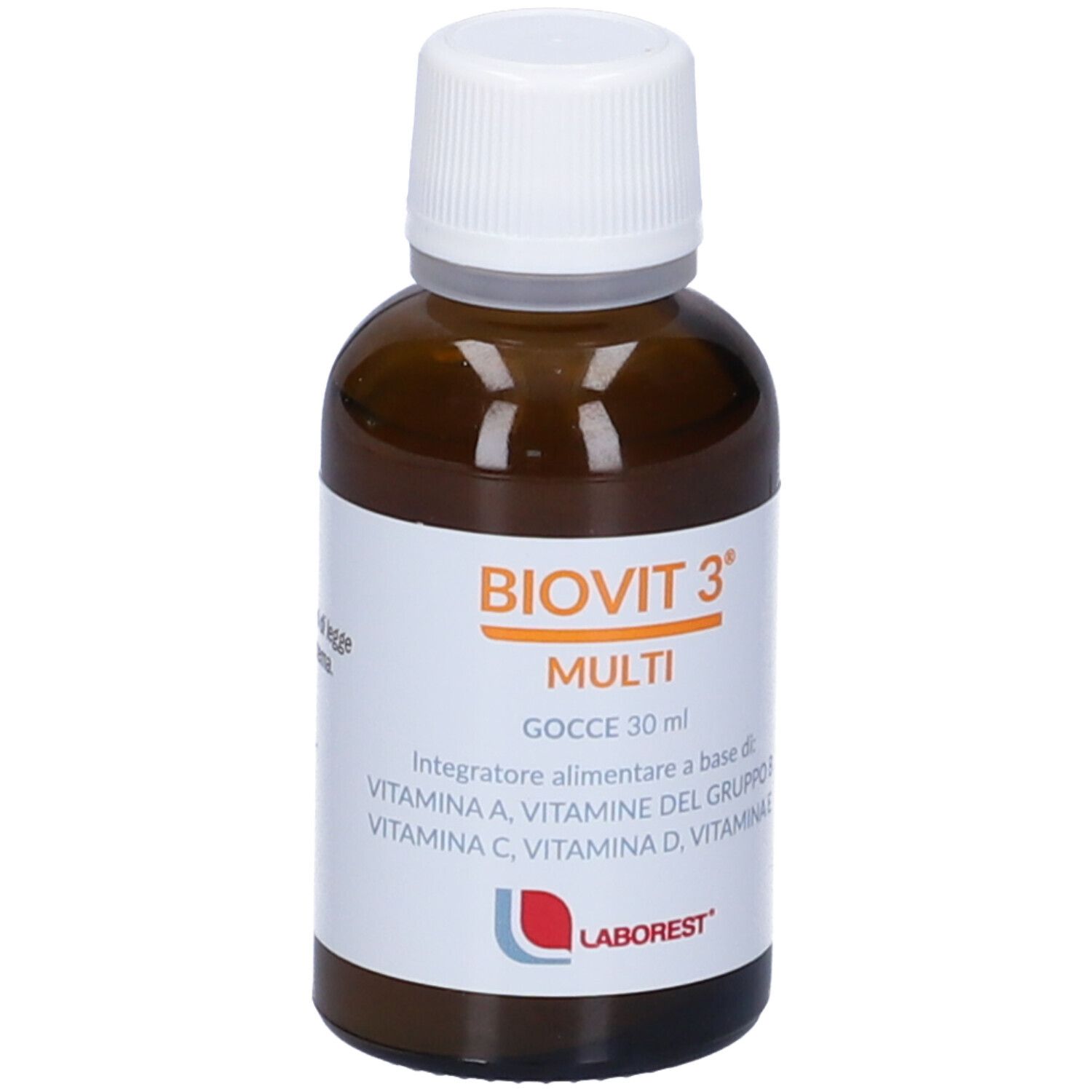 Flacon en verre brun avec bouchon blanc. Inscription : BIOVIT 3 MULTI, Gocce 30 ml. Contient vitamines A, B, C, D, E. Marque : Laborest.