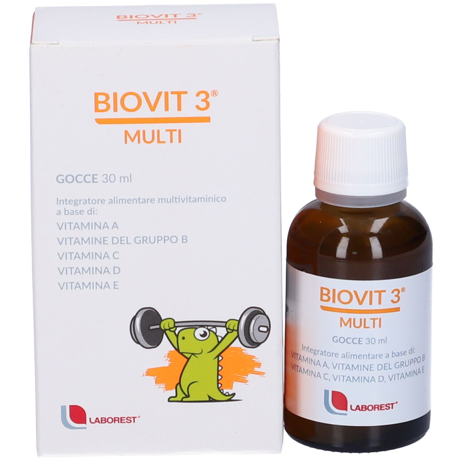 Emballage et flacon. Inscription : BIOVIT 3 MULTI, Gocce 30 ml. Contient vitamines A, B, C, D, E. Marque : Laborest.