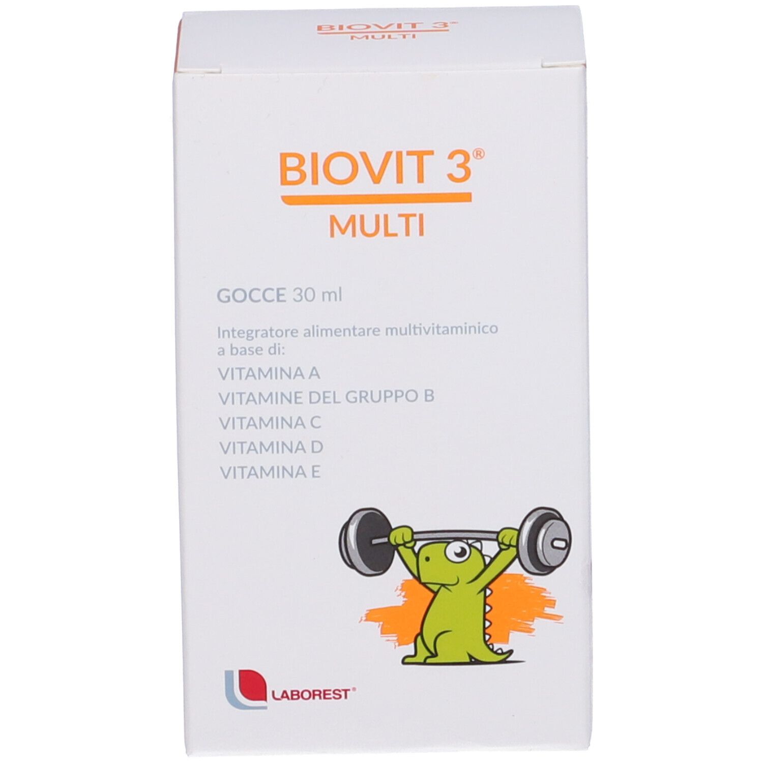 Emballage du produit. Inscription : BIOVIT 3 MULTI, Gocce 30 ml. Contient vitamines A, B, C, D, E. Marque : Laborest.