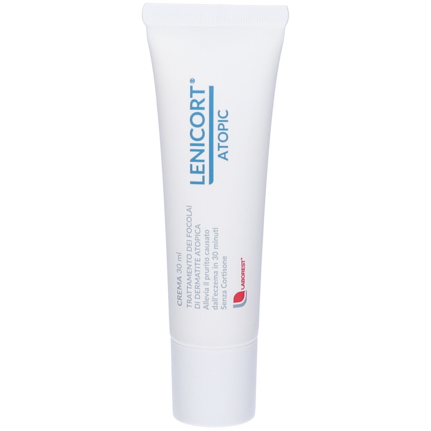 Tubo bianco con scritta blu Lenicort Atopic. Crema per il trattamento della dermatite atopica. Laboratorios. 30 ml.