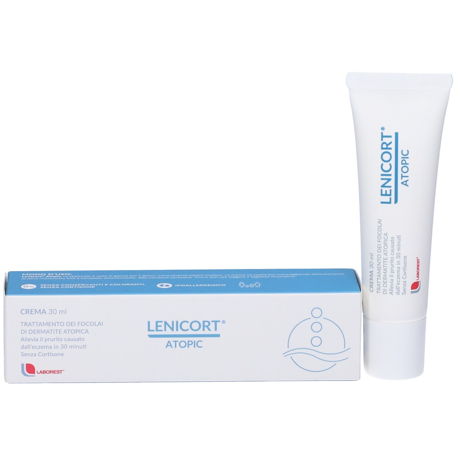 Confezione del prodotto con tubo. Scatola blu con Lenicort Atopic. Tubo: bianco con scritta blu. Testo: Crema, 30 ml.