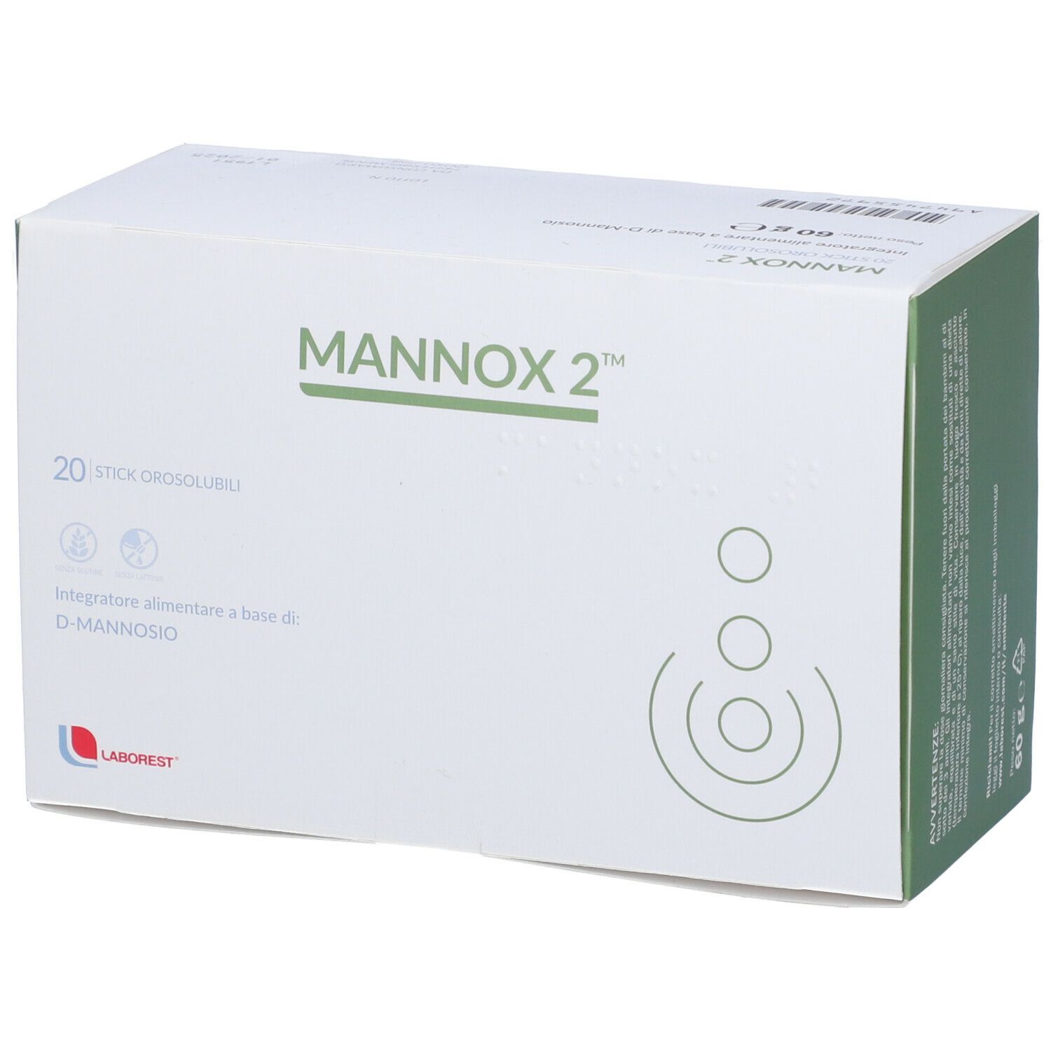 Scatola bianca con accento verde. Scritta: MANNOX 2, 20 stick, logo LABOREST. Contiene D-mannosio.