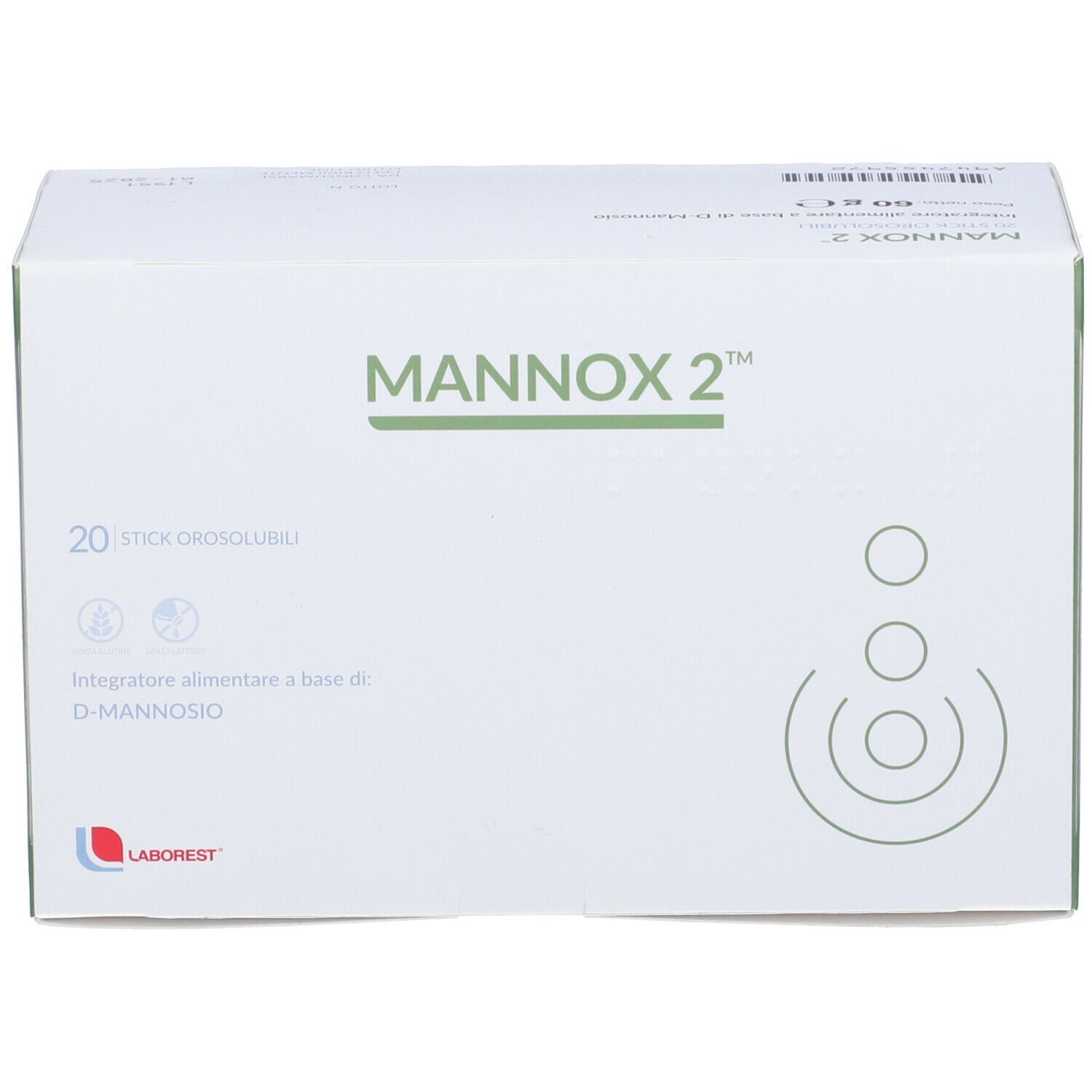 Scatola bianca con accento verde. Scritta: MANNOX 2, 20 stick, logo LABOREST. Contiene D-mannosio.
