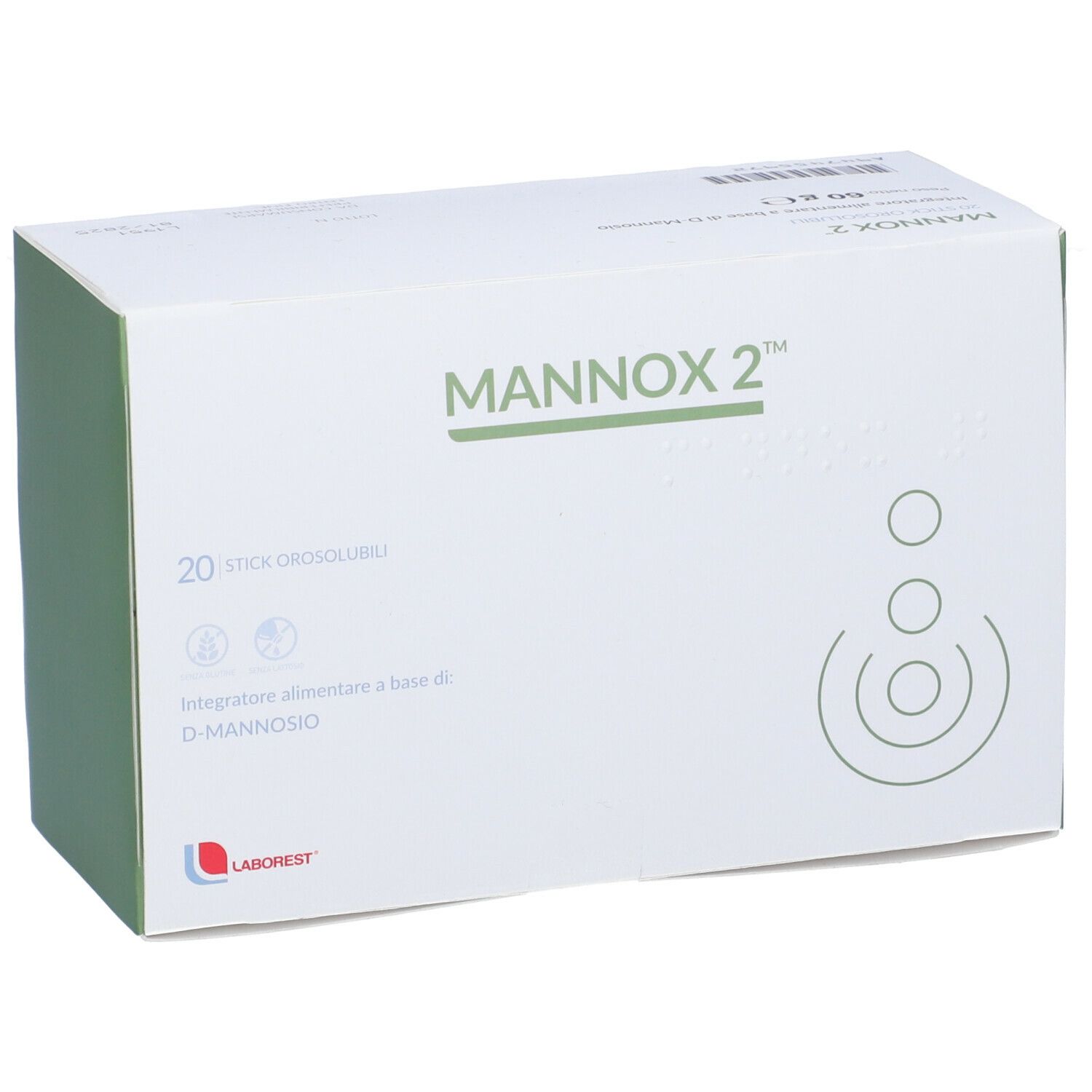 Scatola bianca con accento verde. Scritta: MANNOX 2, 20 stick, logo LABOREST. Contiene D-mannosio.