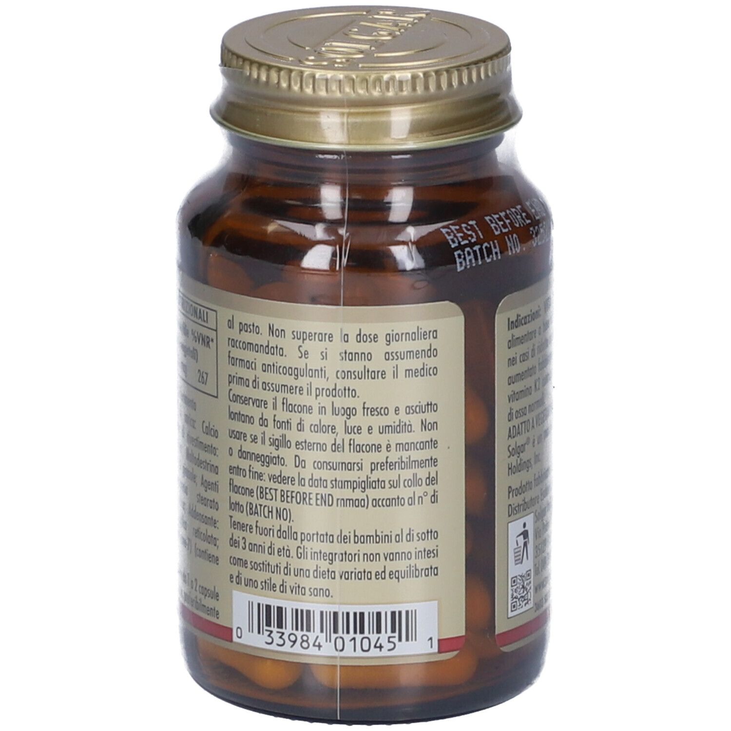 Rückseite einer braunen Glasflasche. Textinformationen, darunter 'VITA K2' und Barcode.