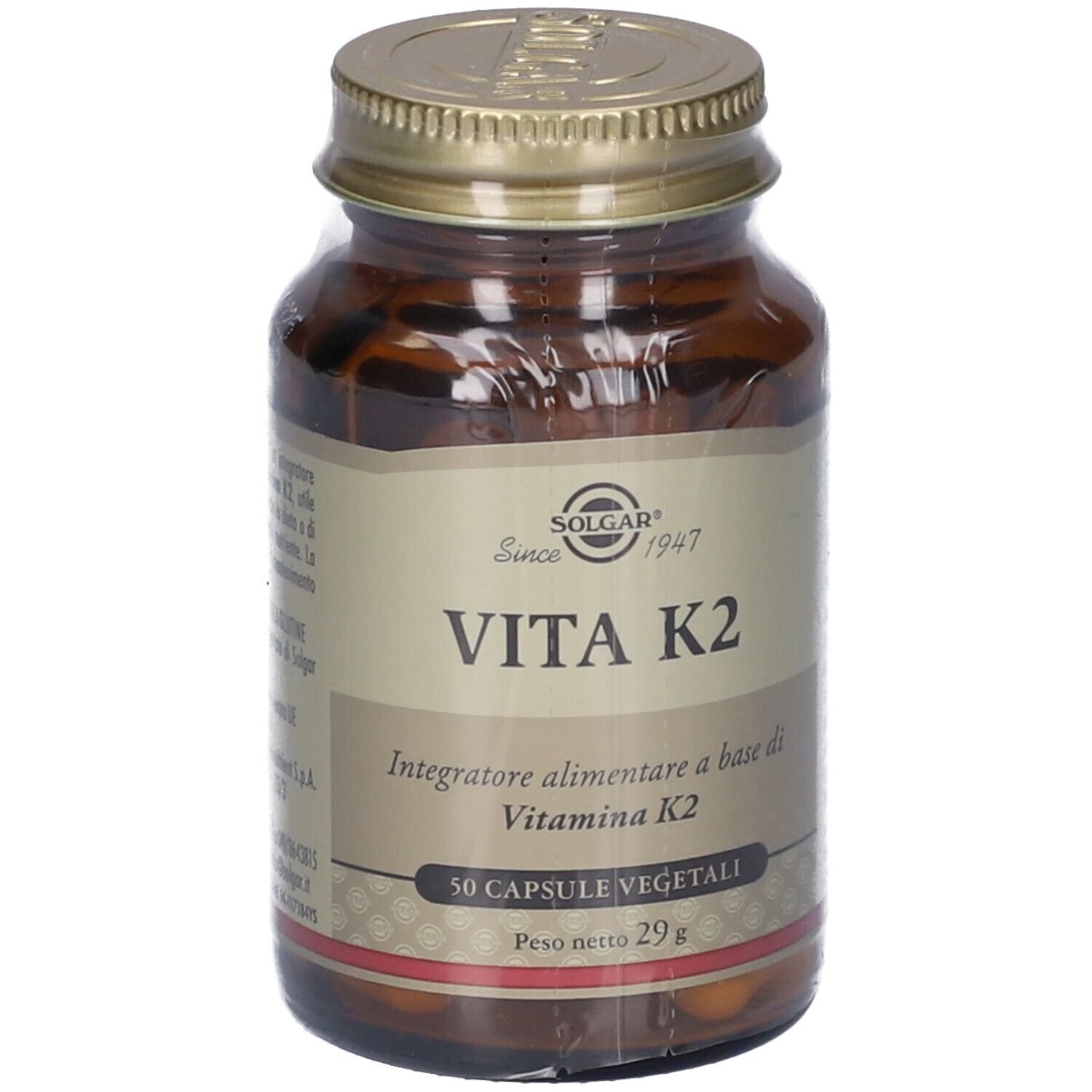 Braune Glasflasche mit goldfarbenem Deckel. Auf dem Etikett steht 'SOLGAR Vita K2'.