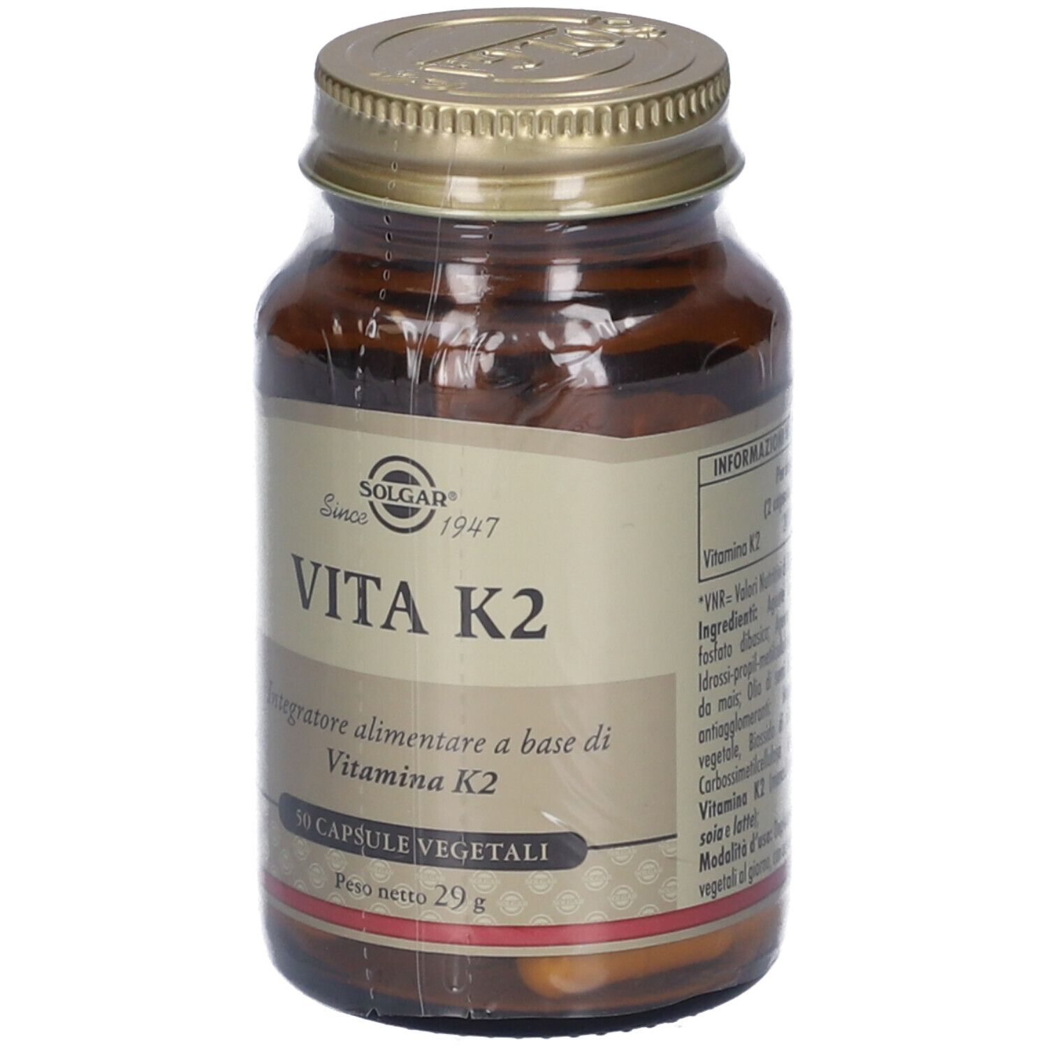 Braune Glasflasche mit goldfarbenem Deckel. Auf dem Etikett steht 'SOLGAR Vita K2'.