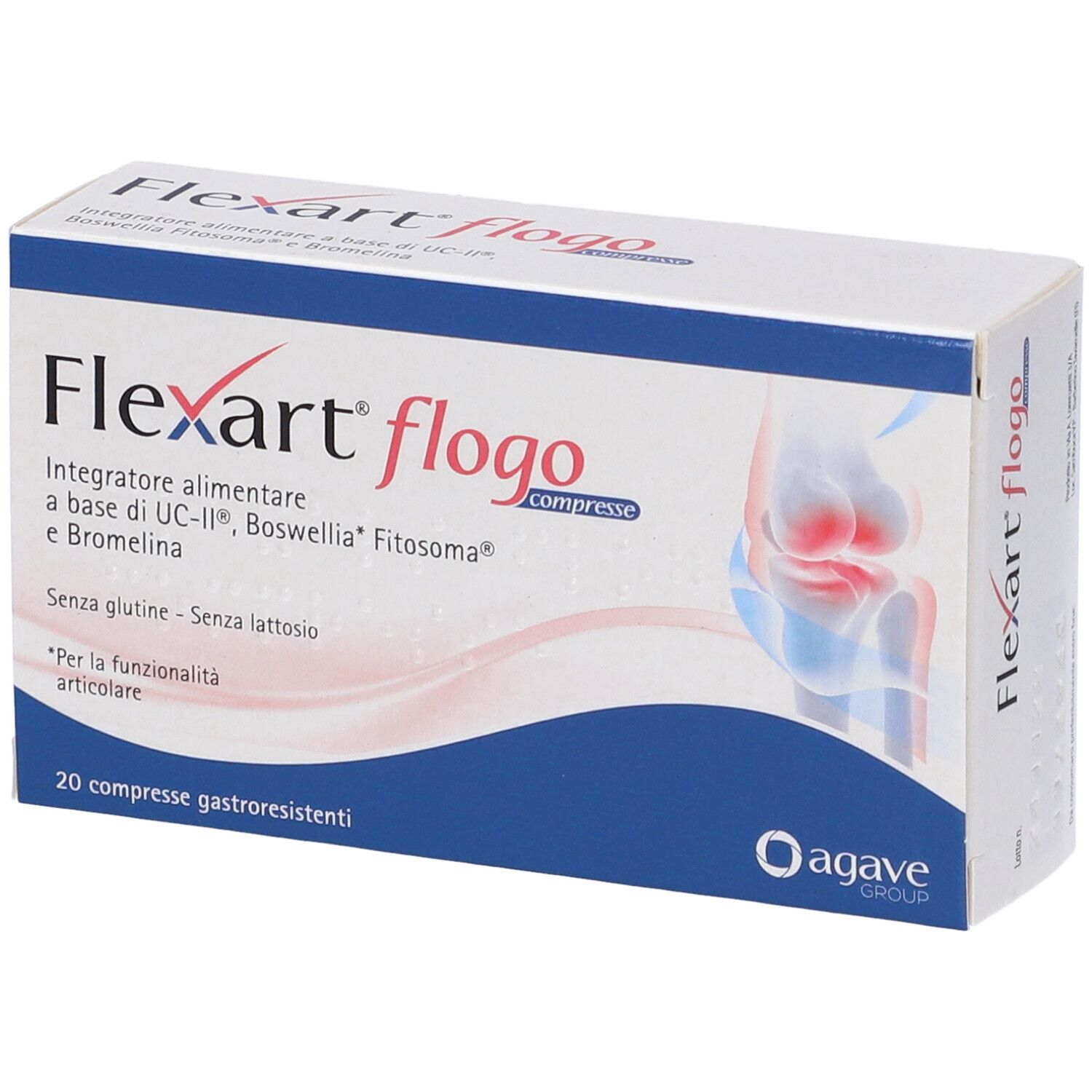 Confezione Flexart Flogo. Scatola bianca con dettaglio blu. Contiene 20 compresse. Logo e nome del prodotto ben visibili.
