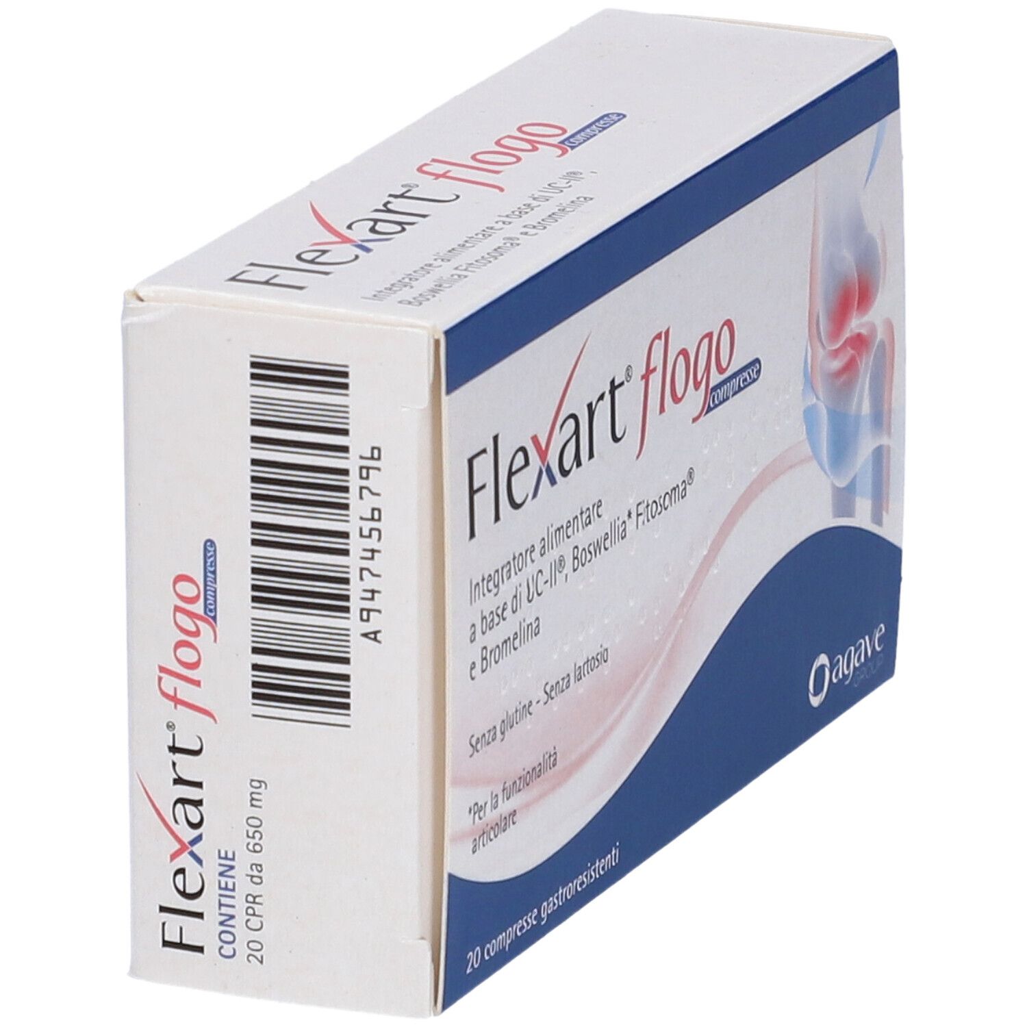 Confezione Flexart Flogo. Scatola bianca con dettaglio blu. Codice a barre e nome del prodotto visibili. Logo Agave Group.