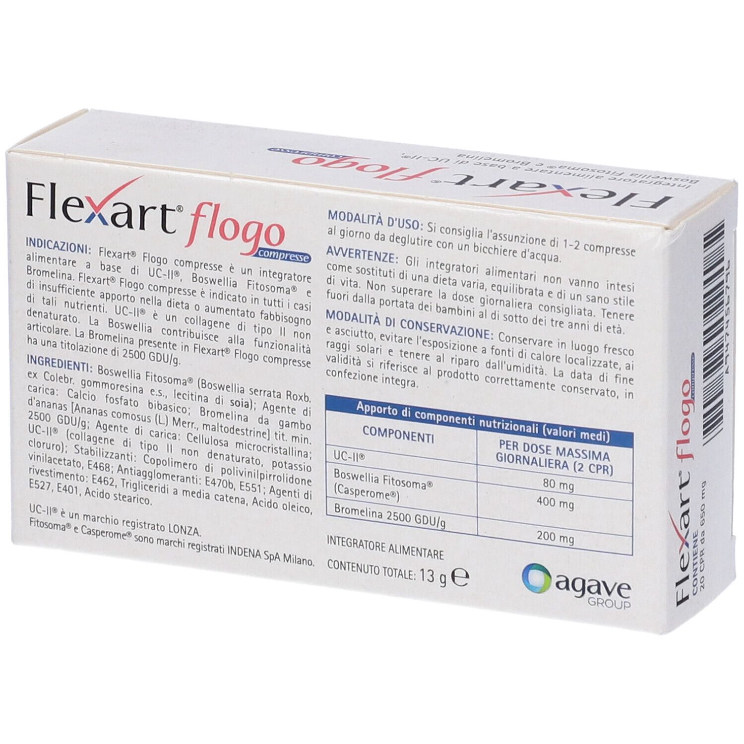 Confezione Flexart Flogo. Retro con ingredienti e istruzioni. Logo Agave Group. Contenuto 13g.