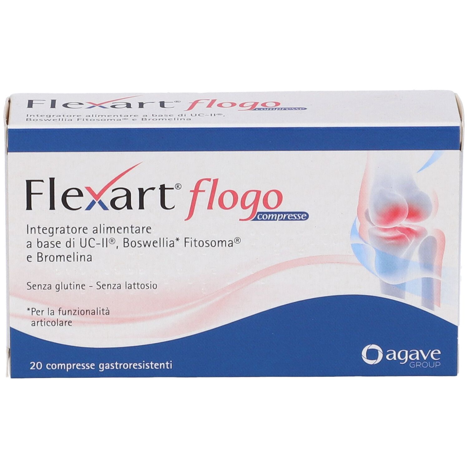 Confezione Flexart Flogo. Scatola bianca con dettaglio blu. Contiene 20 compresse. Logo e nome del prodotto ben visibili.