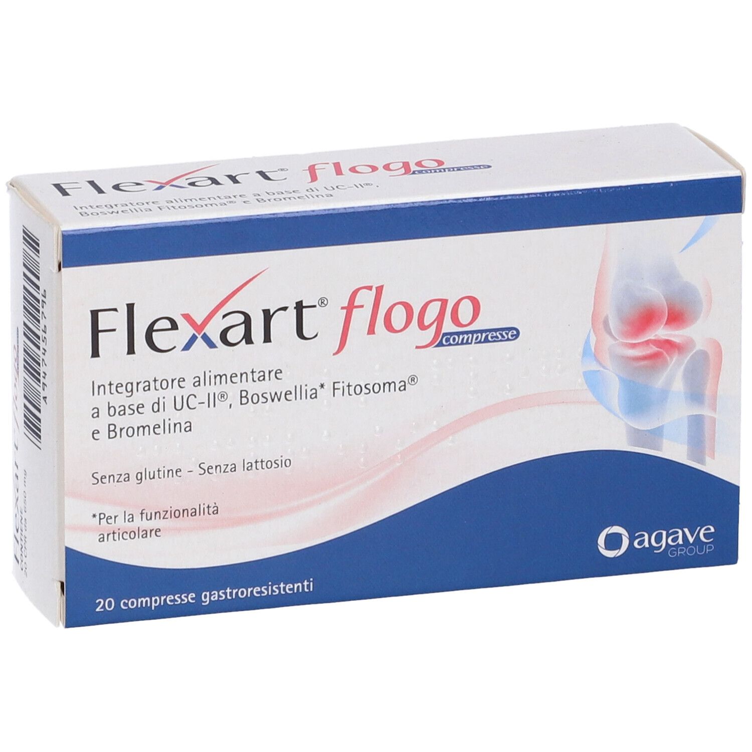 Confezione Flexart Flogo. Scatola bianca con dettaglio blu. Contiene 20 compresse. Logo e nome del prodotto ben visibili.