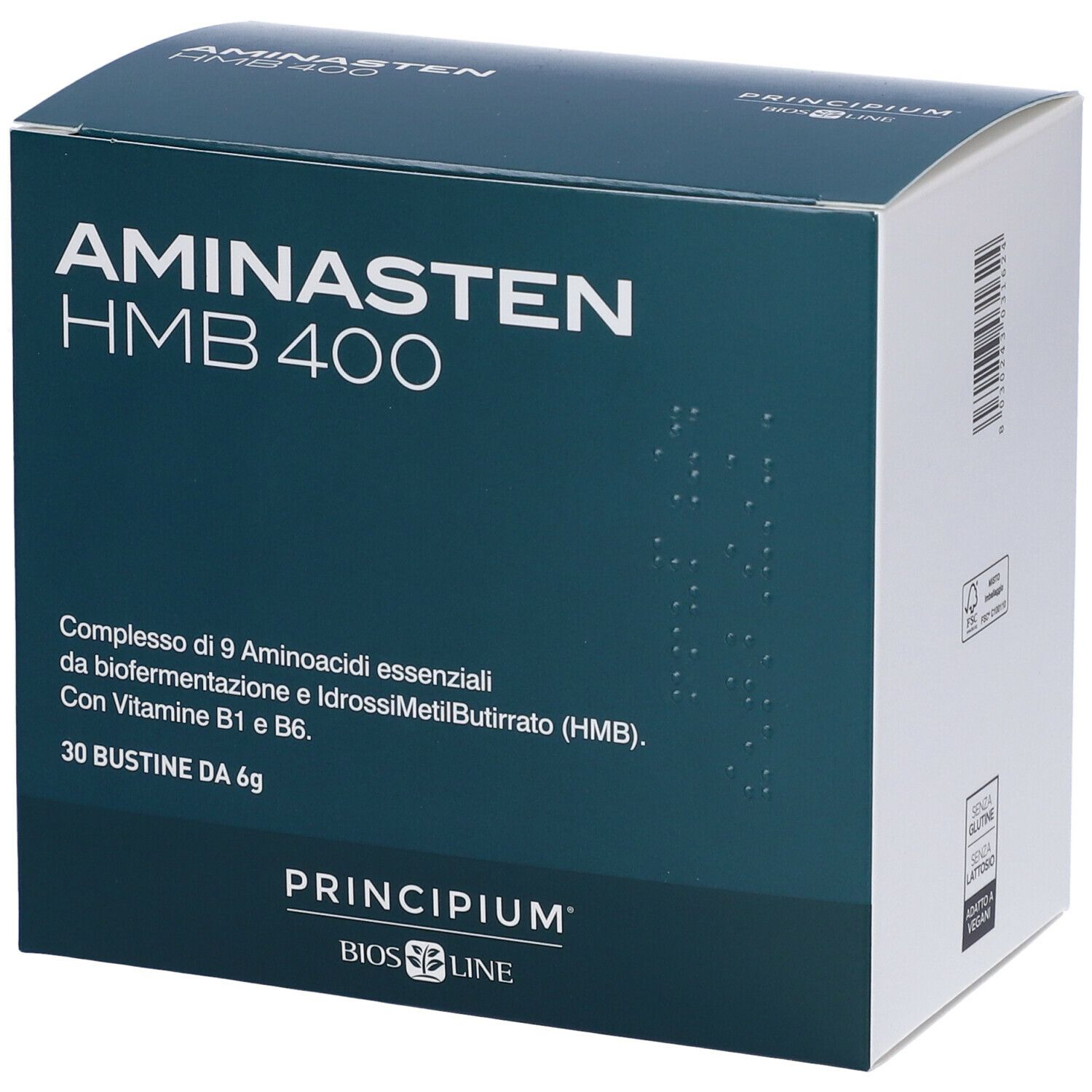 Scatola Aminasten HMB 400, 30 bustine. Contiene 9 aminoacidi essenziali. Principium Bios Line.