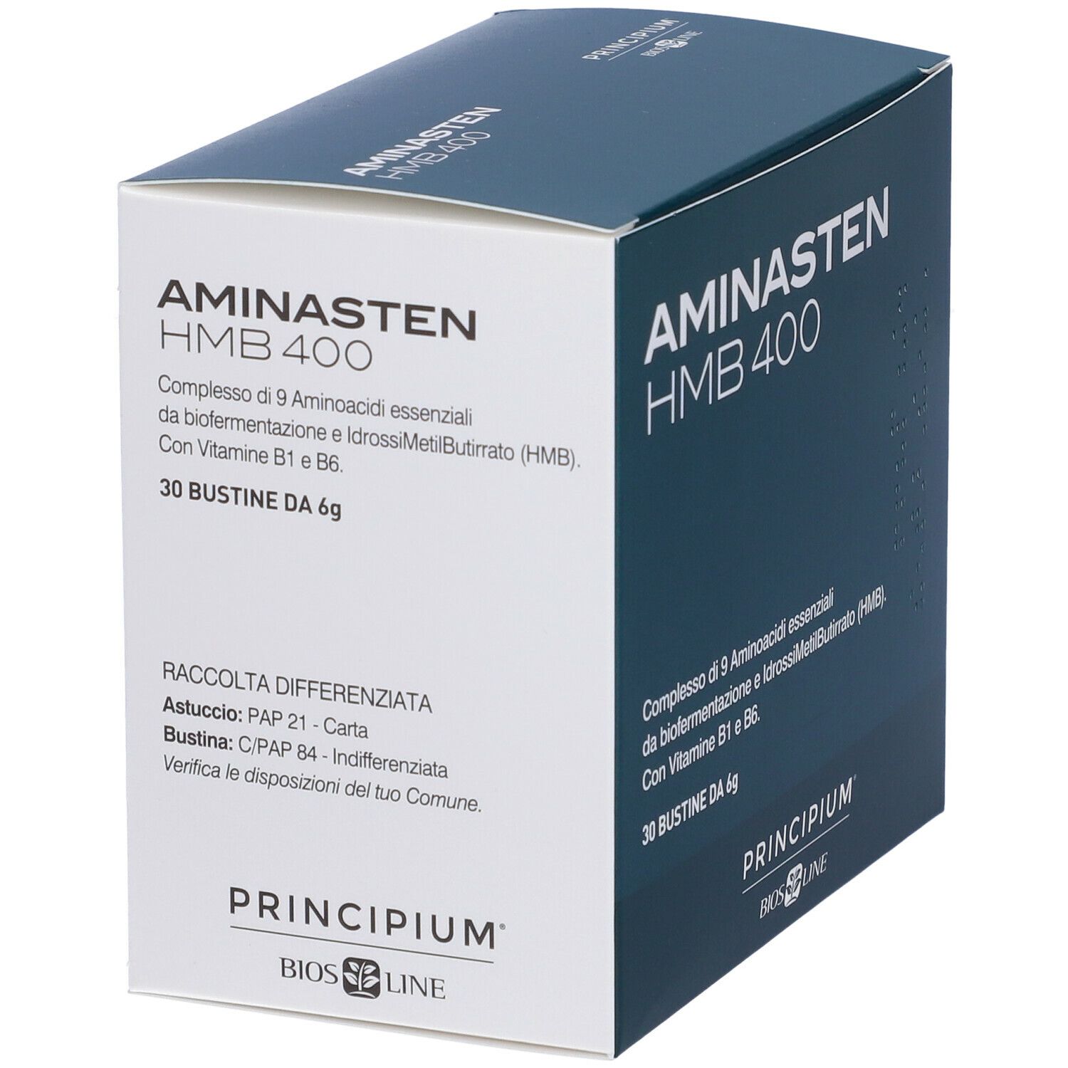 Scatola Aminasten HMB 400, 30 bustine. Retro con testo e informazioni riciclo. Principium Bios Line.