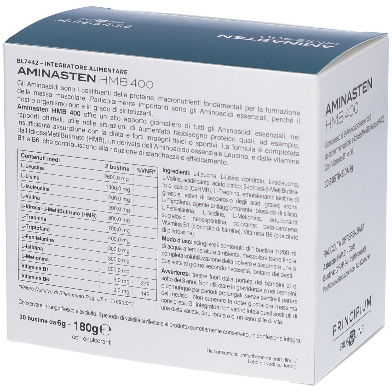 Scatola Aminasten HMB 400, 30 bustine. Contiene ingredienti e istruzioni. Principium Bios Line.