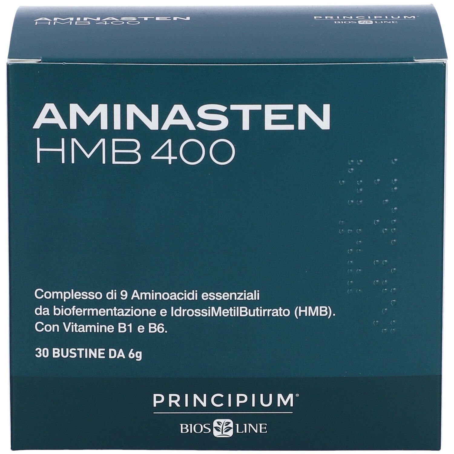 Scatola Aminasten HMB 400, 30 bustine. Contiene 9 aminoacidi, Vitamina B1 e B6. Principium Bios Line.