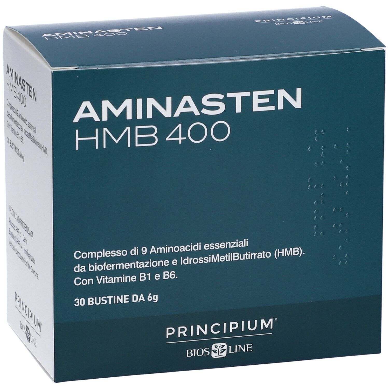 Scatola Aminasten HMB 400, 30 bustine. Contiene 9 aminoacidi, Vitamina B1 e B6. Principium Bios Line.