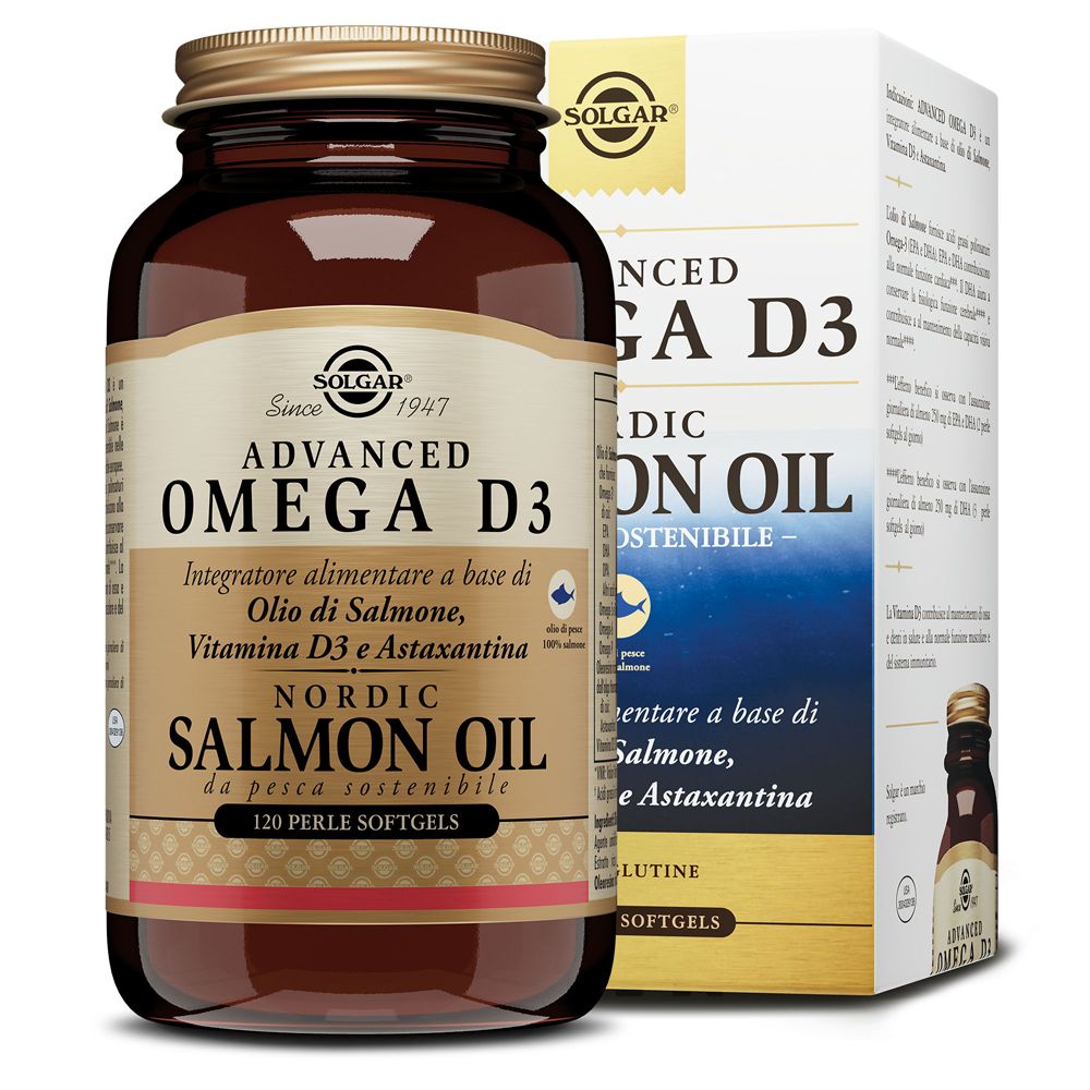 Flacone in vetro marrone SOLGAR Omega D3 e scatola. Etichette con nome del prodotto e ingredienti. Vista frontale.