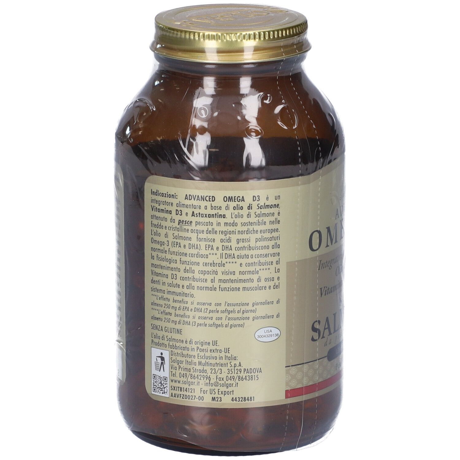 Rückseite einer braunen Glasflasche mit Etikett. Text: Advanced Omega D3, Inhaltsstoffe, Gebrauchsanweisung.