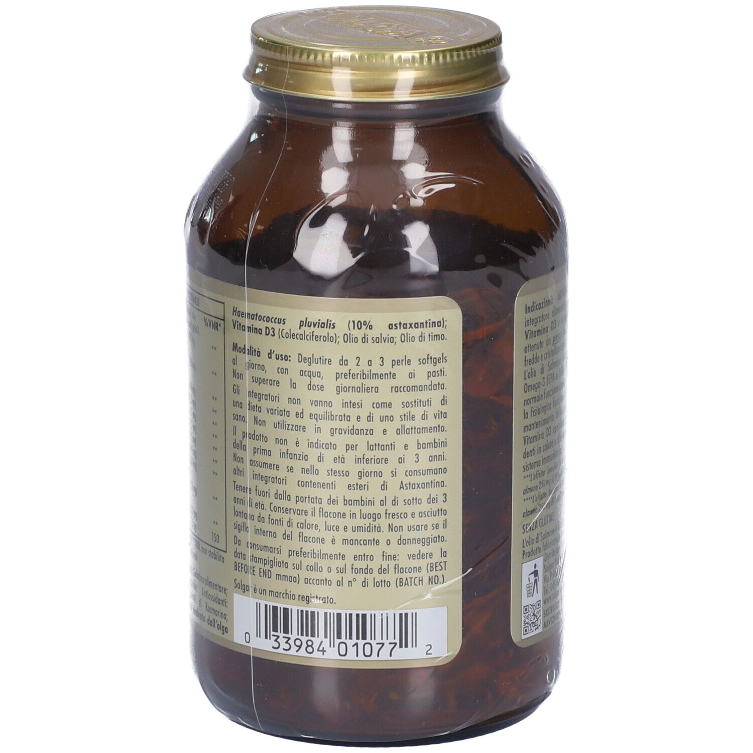 Rückseite einer braunen Glasflasche mit Etikett. Text: Advanced Omega D3, Inhaltsstoffe, Gebrauchsanweisung.