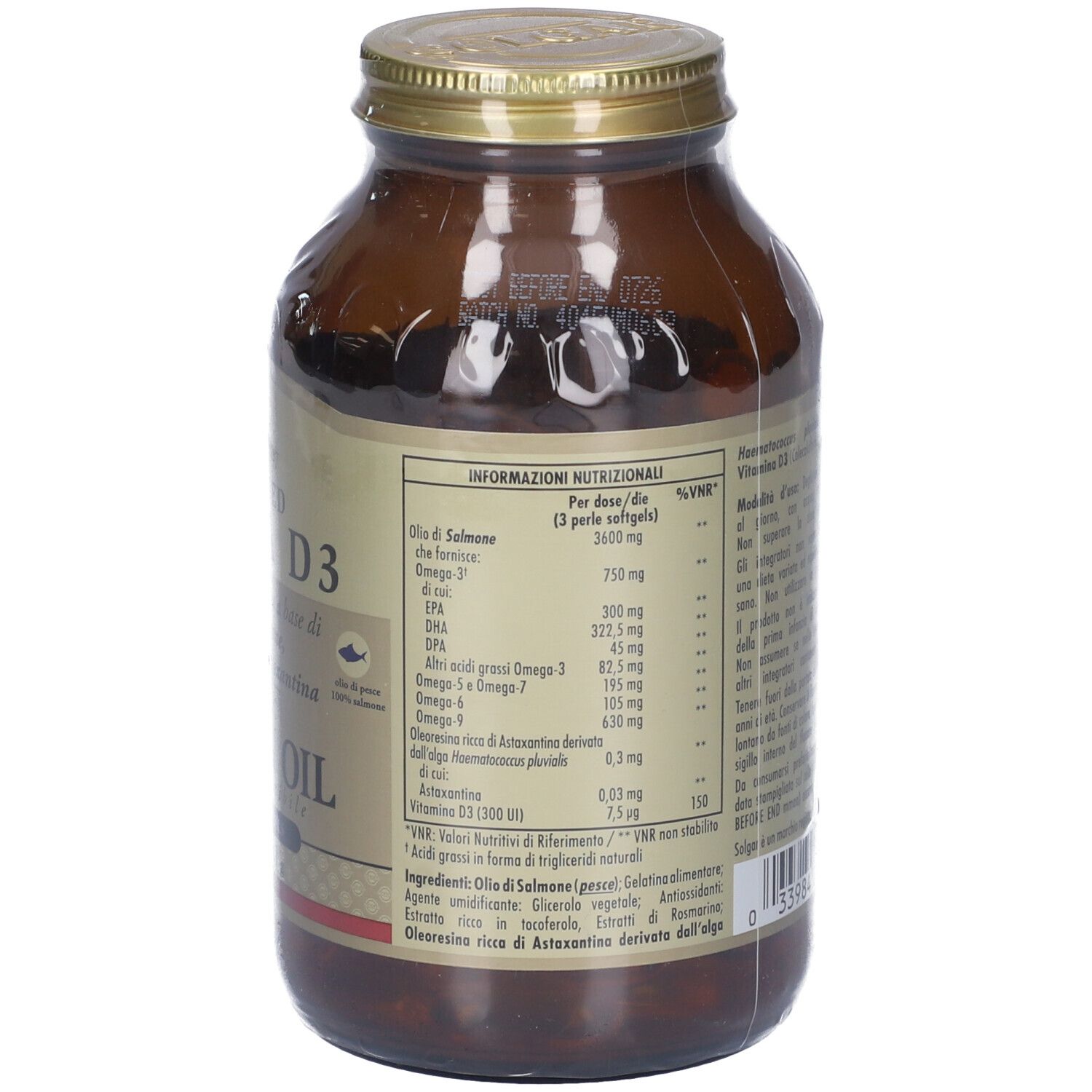 Rückseite einer braunen Glasflasche mit Etikett. Text: Advanced Omega D3, Nährwertangaben, Inhaltsstoffe.