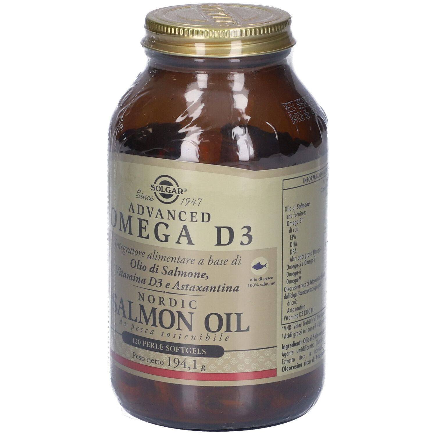 Braune Glasflasche mit goldfarbenem Deckel. Etikett mit Text: Advanced Omega D3, Nordic Salmon Oil, 120 Softgels.