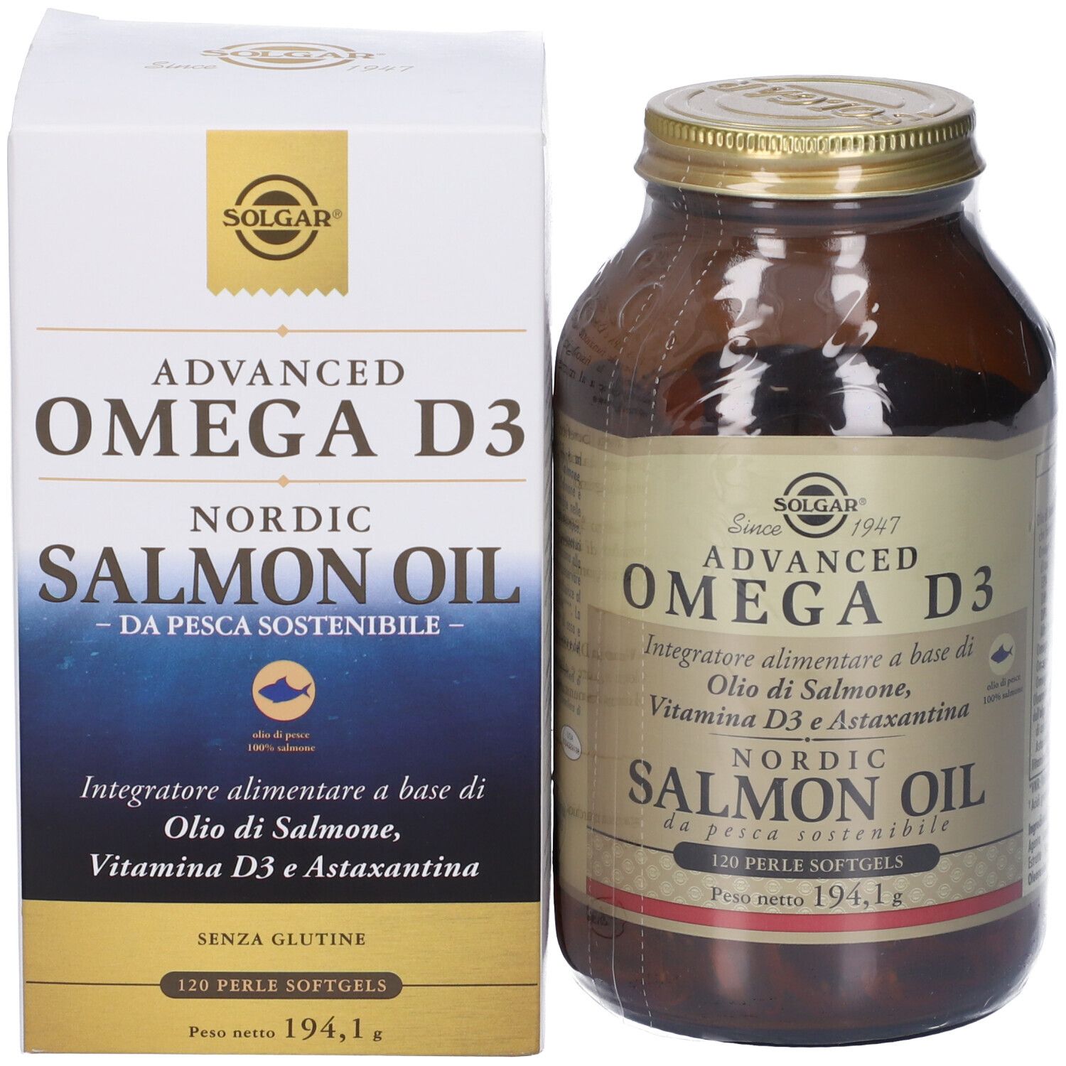 Produktverpackung und Flasche. Verpackung: Weiß mit Text: Advanced Omega D3, Nordic Salmon Oil, 120 Softgels. Flasche: braun.