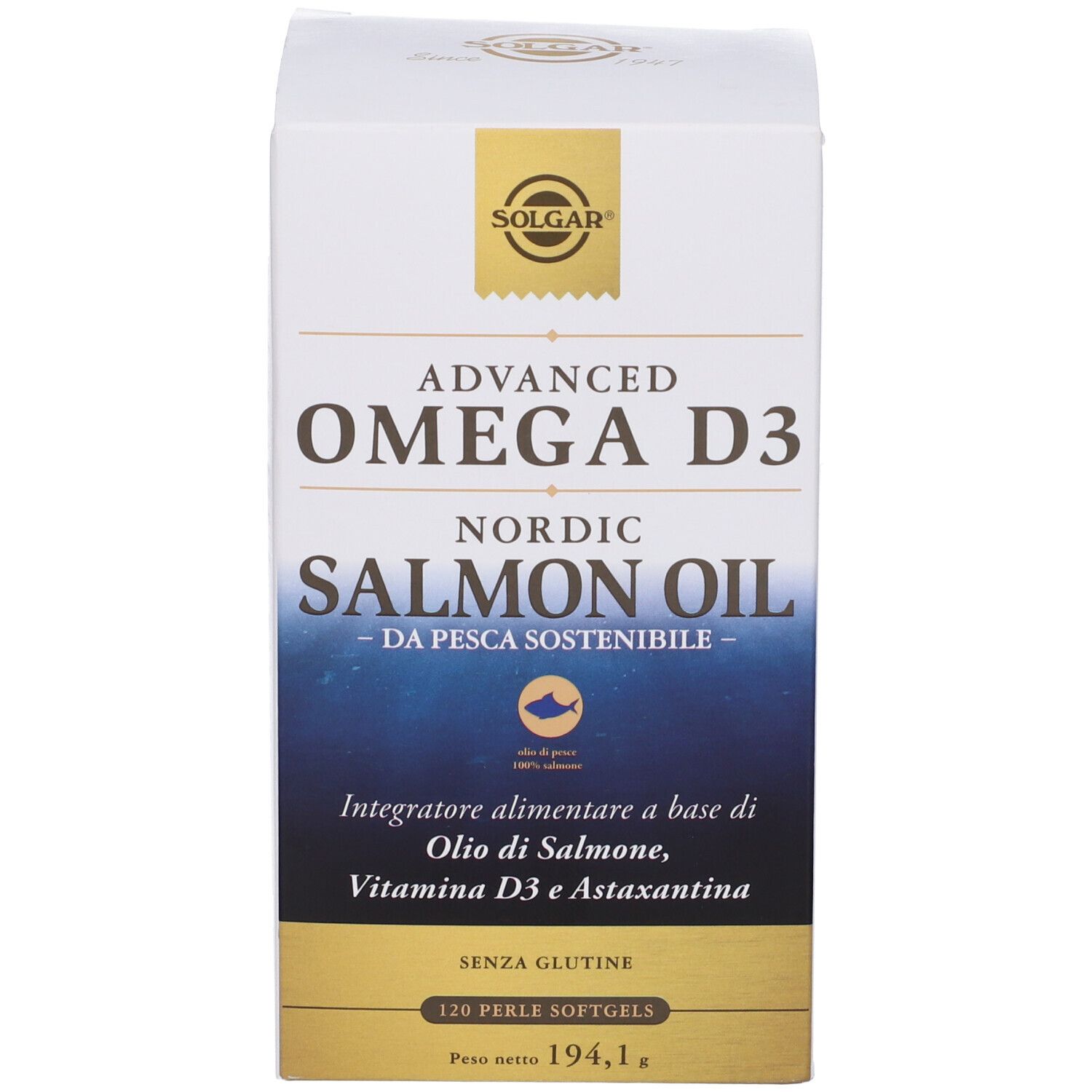 Weiße Produktverpackung. Text: Advanced Omega D3, Nordic Salmon Oil, 120 Softgels. Logo: Fisch.