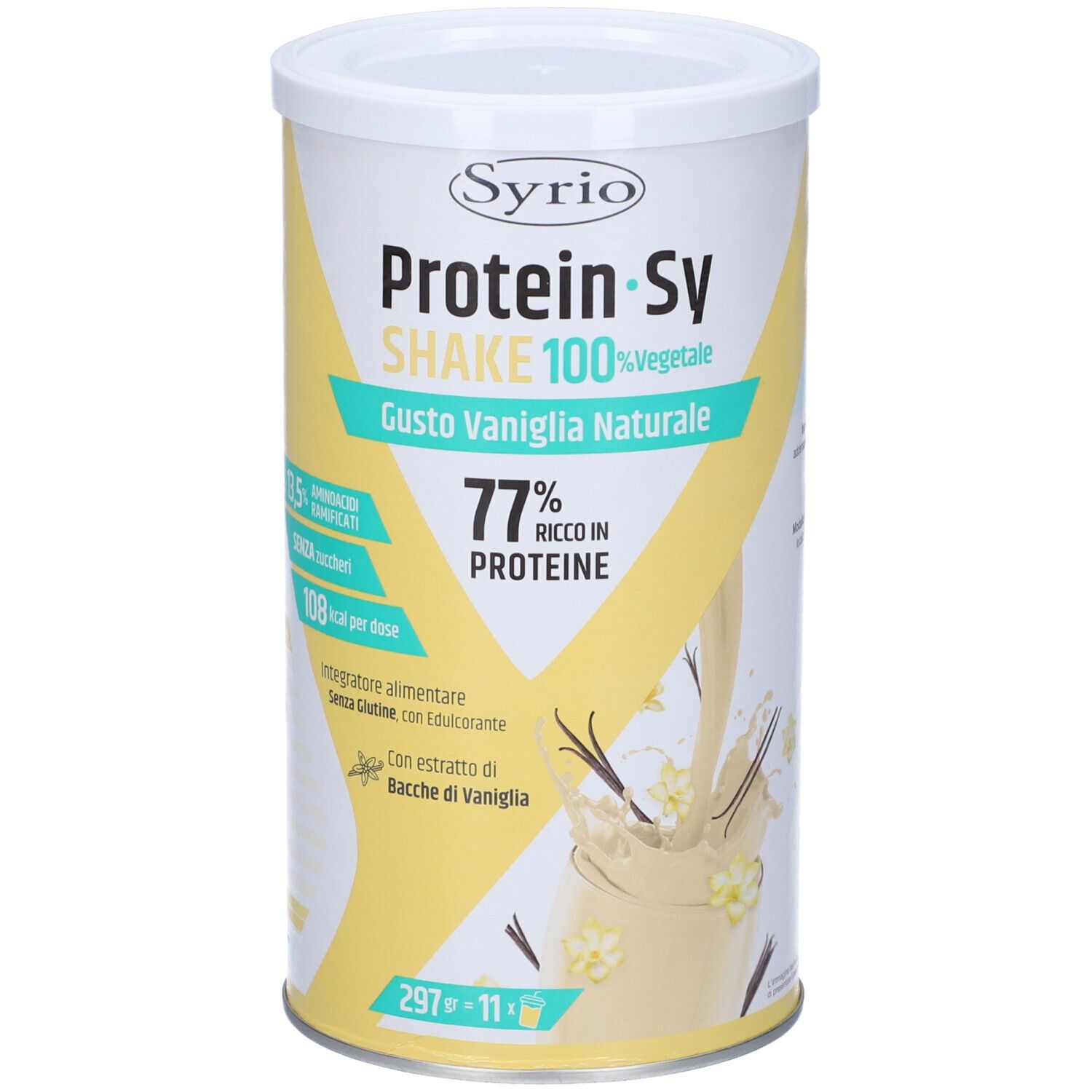 Barattolo cilindrico Protein-Sy SHAKE. Scritta: 100% vegetale, Gusto Vaniglia Naturale. 77% proteine. Design giallo e bianco.