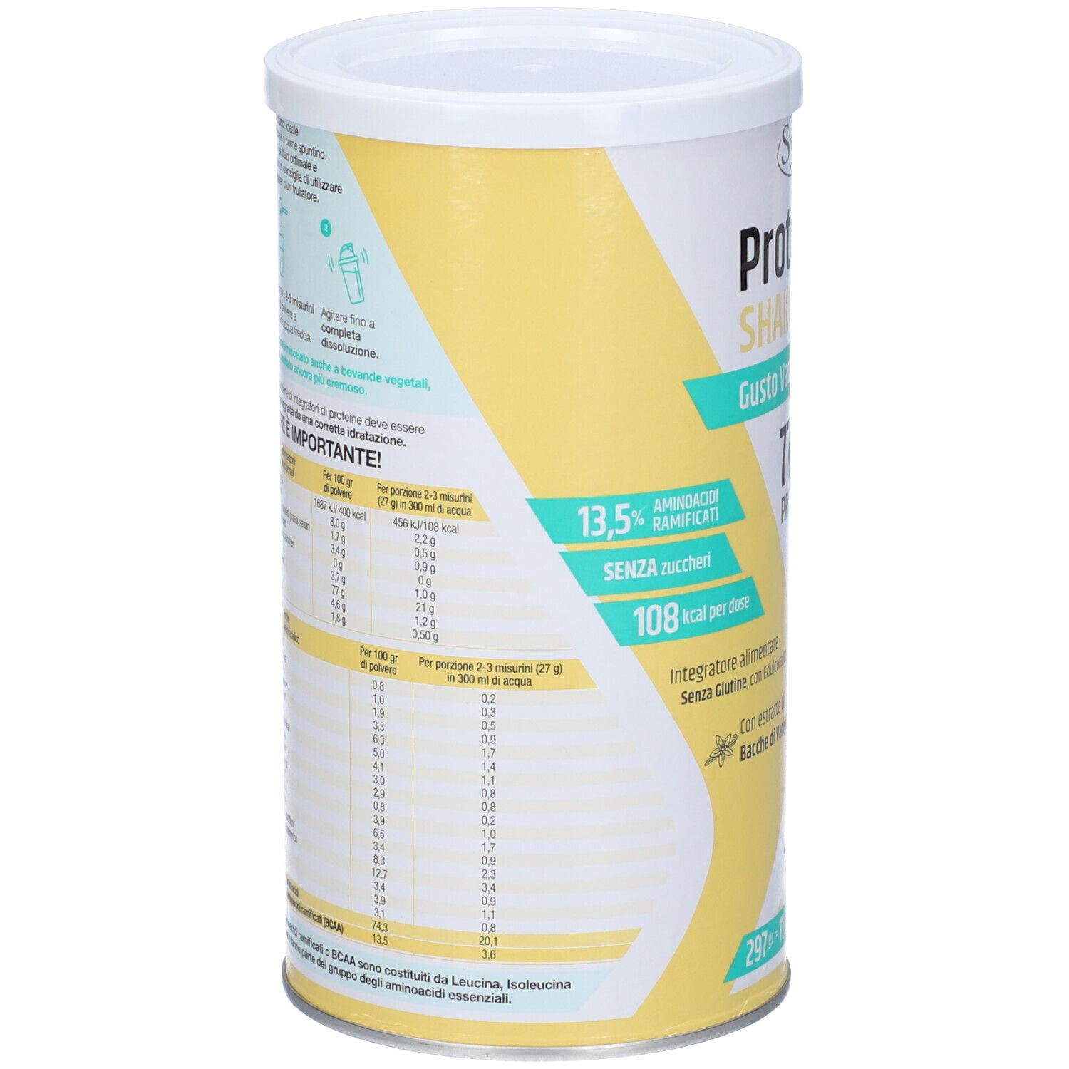 Retro del barattolo Protein-Sy SHAKE. Contiene informazioni nutrizionali. Design giallo e bianco. Testo in italiano.