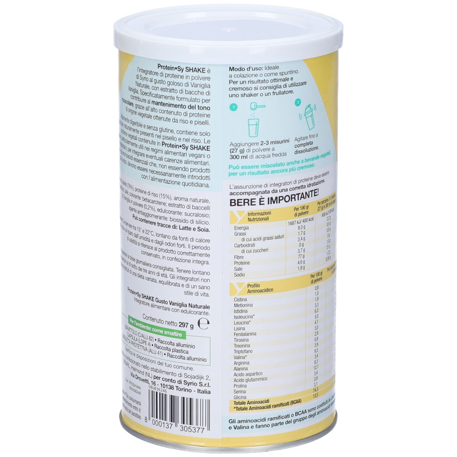 Retro del barattolo Protein-Sy SHAKE. Contiene informazioni sull'uso e ingredienti. Design giallo e bianco. Testo in italiano.