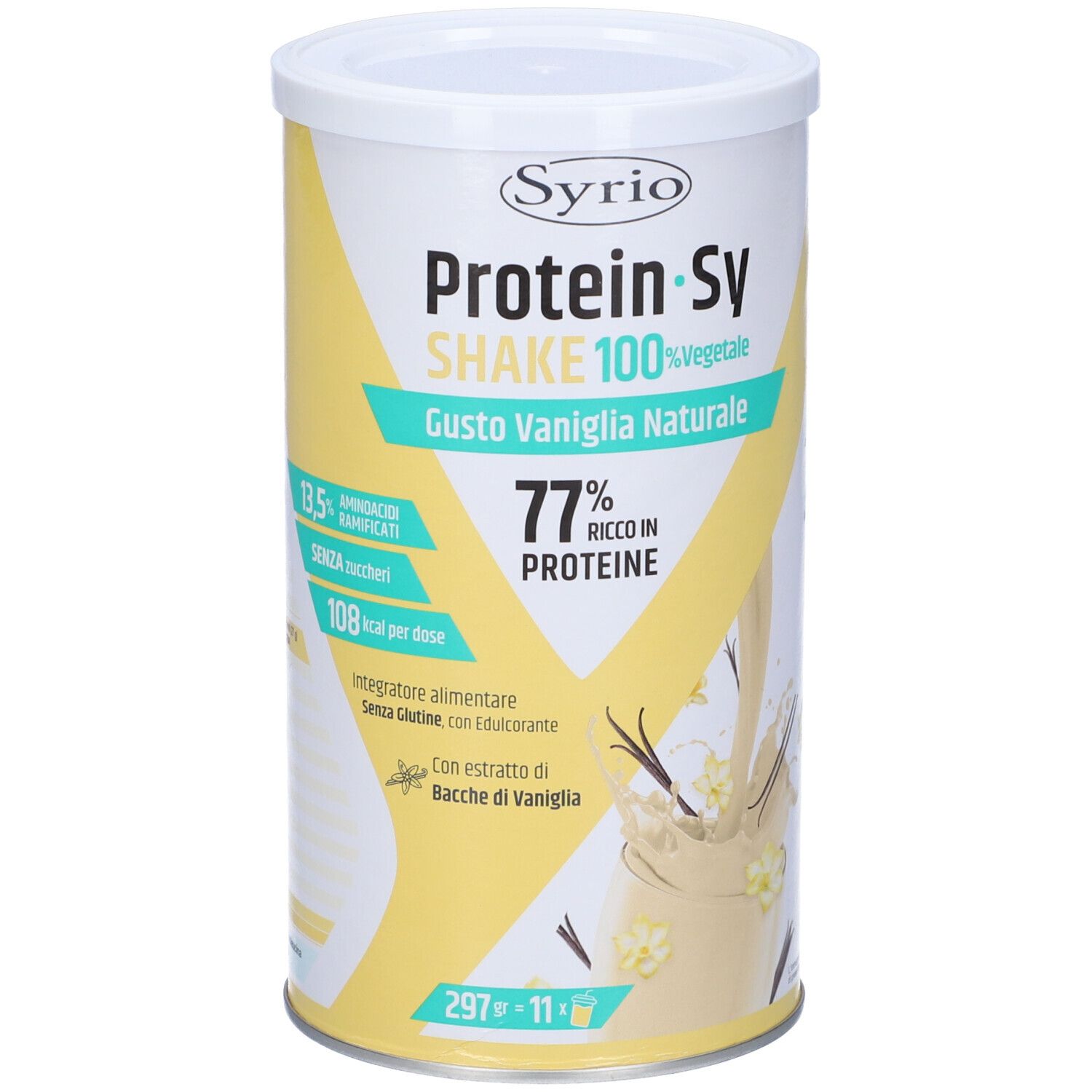 Barattolo cilindrico Protein-Sy SHAKE. Scritta: 100% vegetale, Gusto Vaniglia Naturale. 77% proteine. Design giallo e bianco.